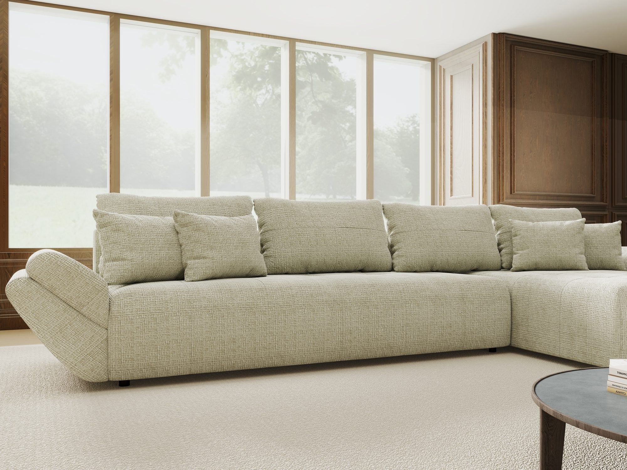 Colțar extensibil dumonde cu ladă de depozitare si sezut confortabil din spuma high-density, Berlin XL Cremona Bej 04 II 350x185 cm