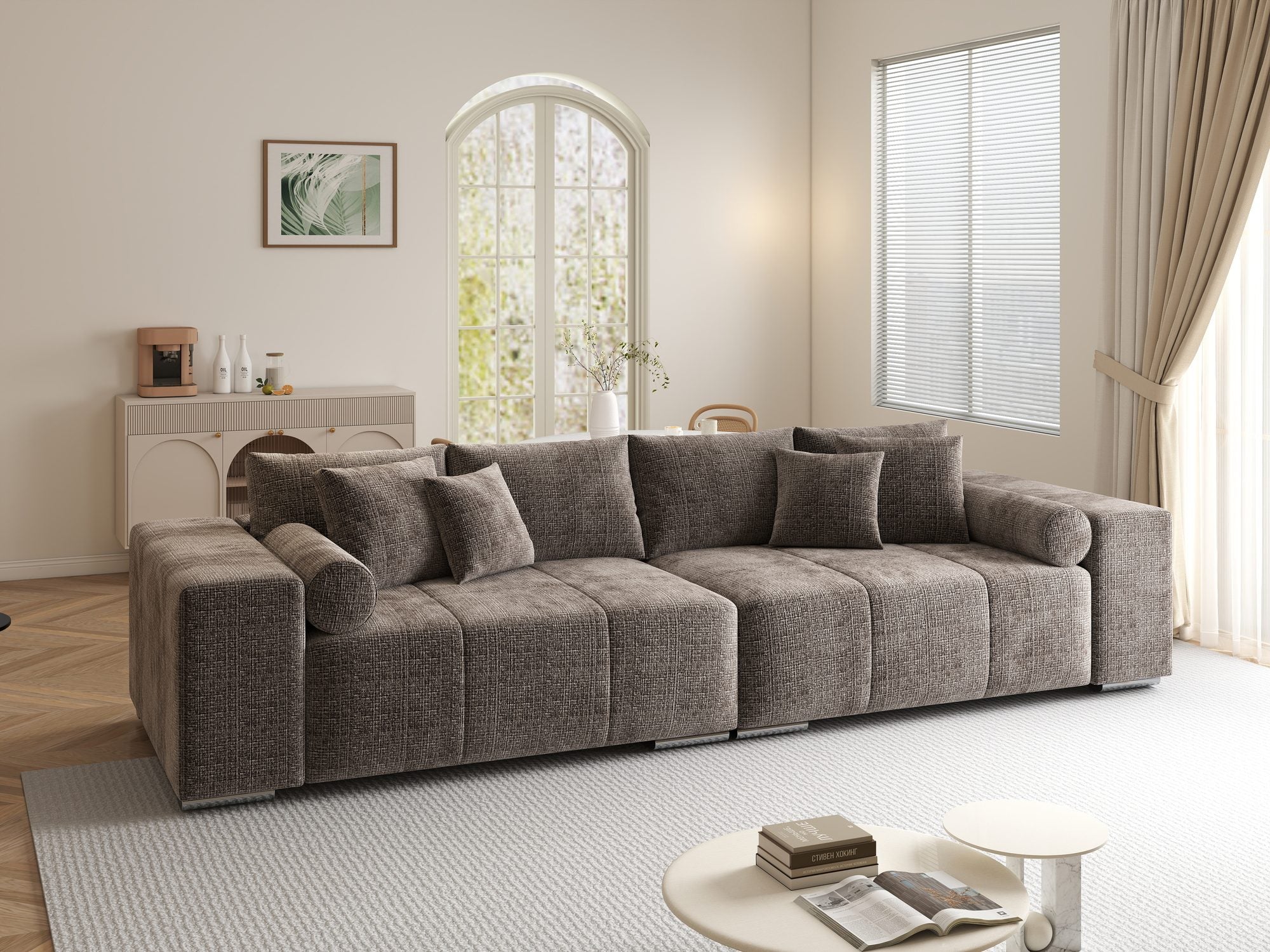 Canapea extensibilă dumonde cu ladă de depozitare si sezut confortabil din spuma high-density, Marbela XXL Cremona Maro-bej 24 290x100 cm