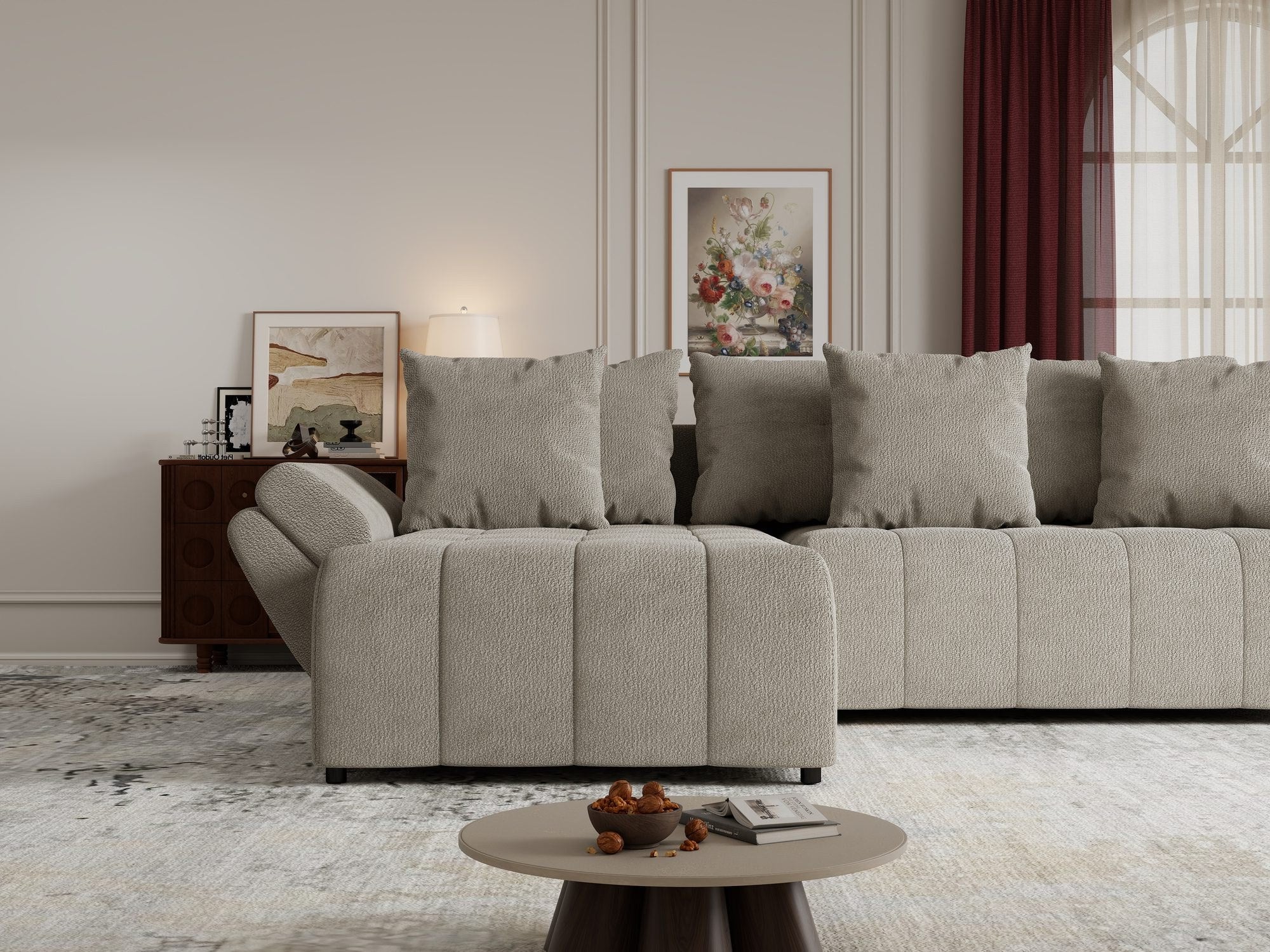 Colțar extensibil dumonde cu ladă de depozitare si sezut confortabil din spuma high-density, Berlin Vibe Bej 06 280x185 cm