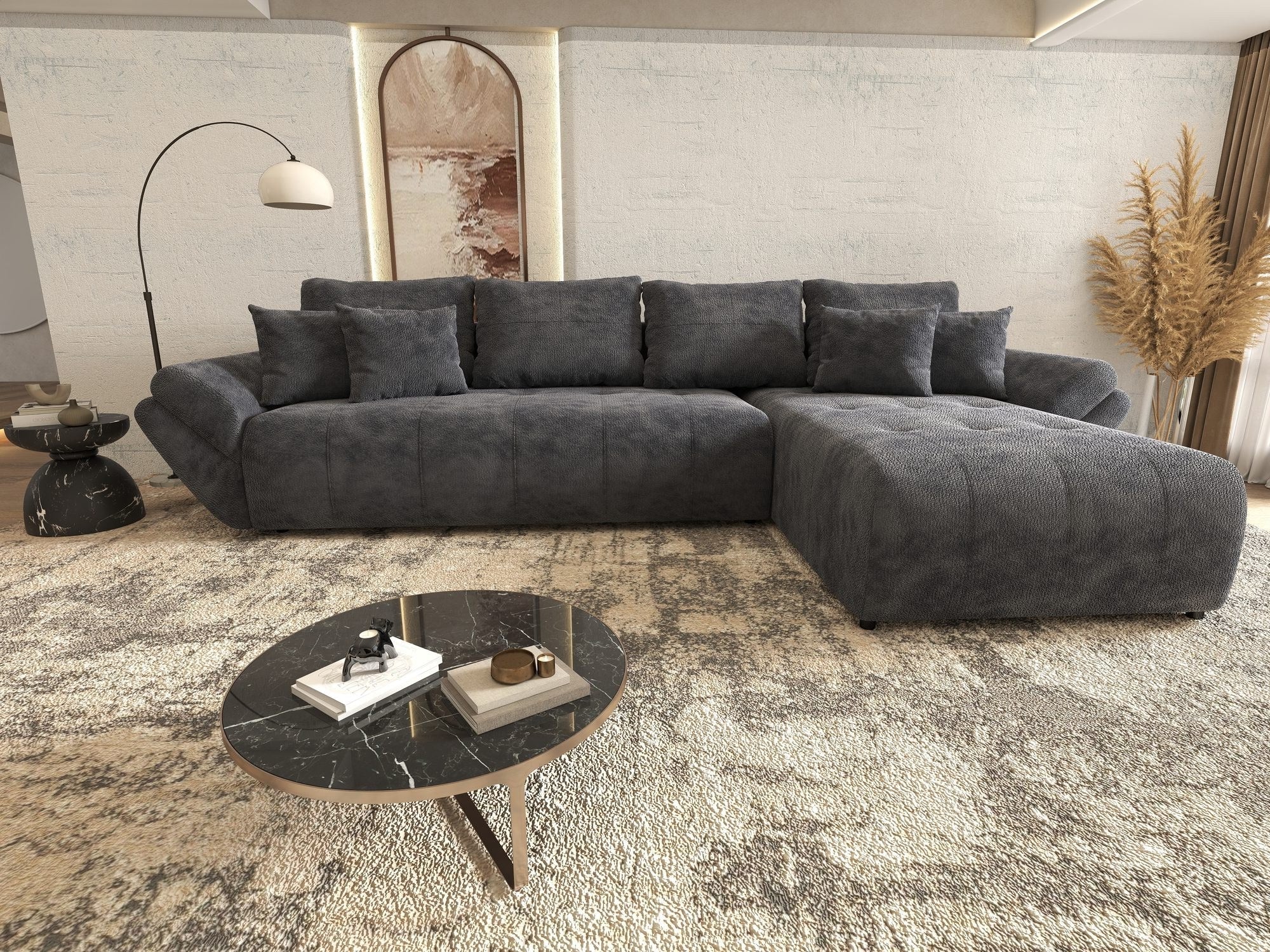 Colțar extensibil dumonde cu ladă de depozitare si sezut confortabil din spuma high-density, Berlin XL Vibe Gri Antracit 97 II 350x185 cm