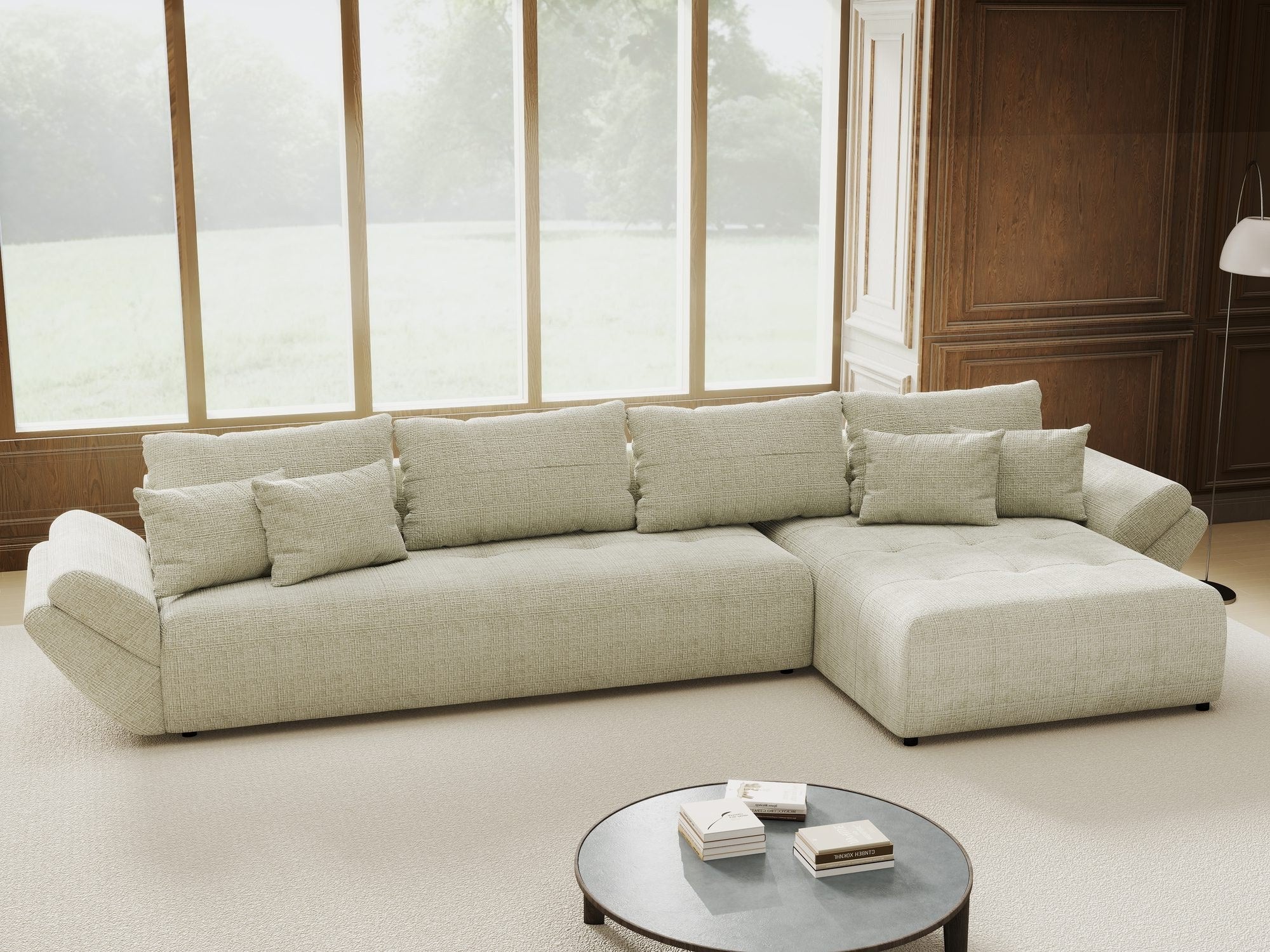 Colțar extensibil dumonde cu ladă de depozitare si sezut confortabil din spuma high-density, Berlin XL Cremona Bej 04 II 350x185 cm