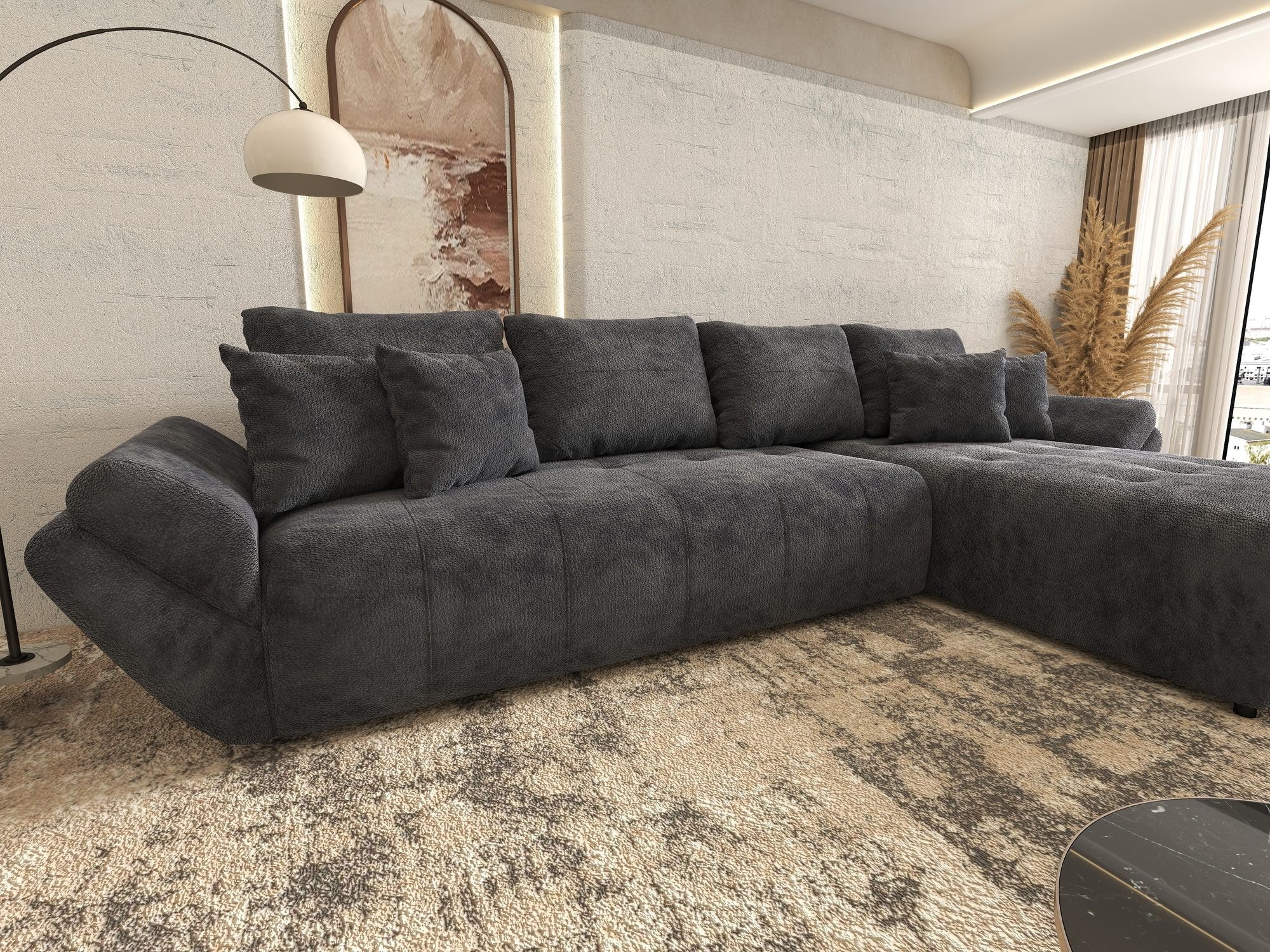 Colțar extensibil dumonde cu ladă de depozitare si sezut confortabil din spuma high-density, Berlin XL Vibe Gri Antracit 97 II 350x185 cm