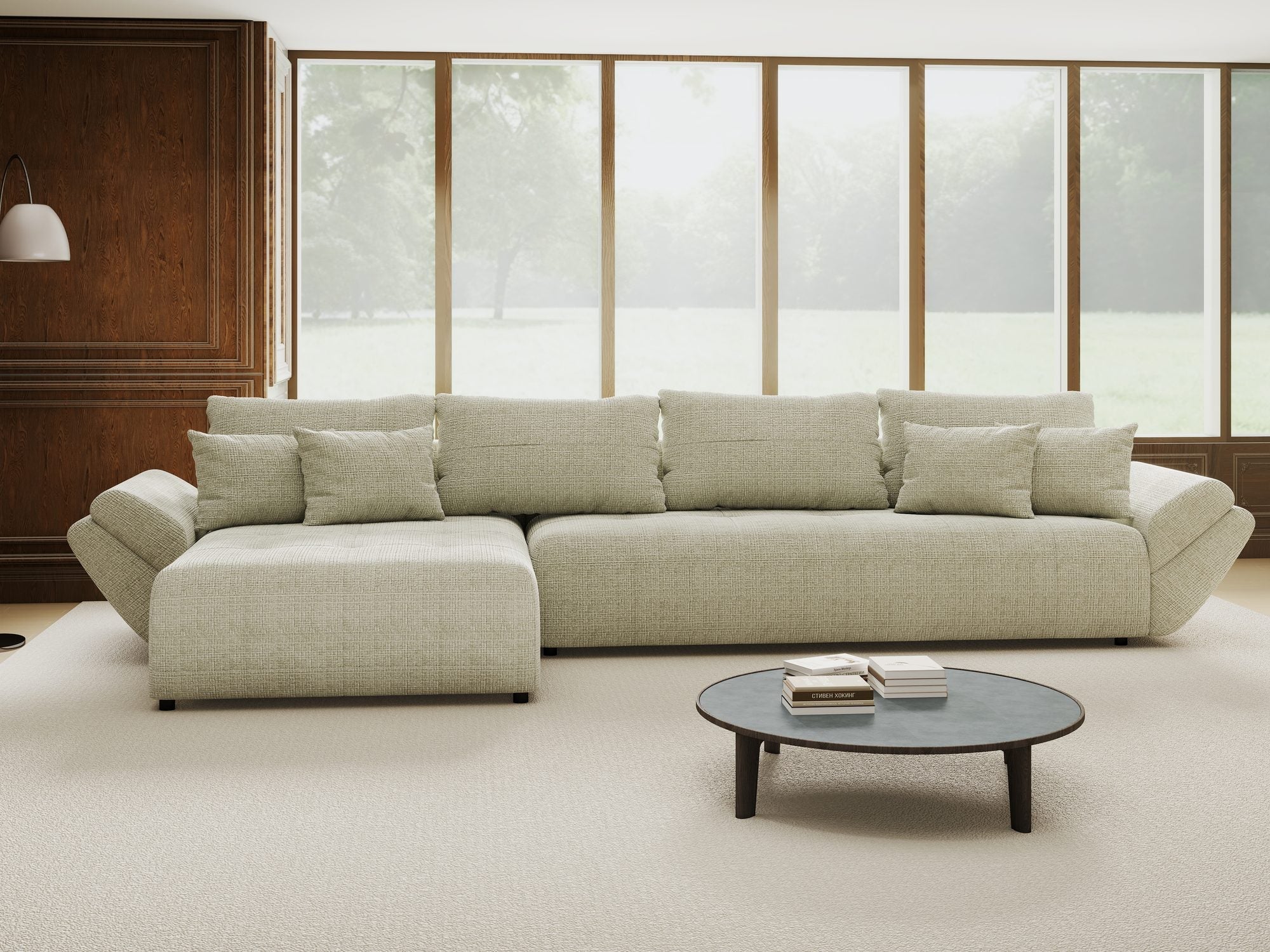 Colțar extensibil dumonde cu ladă de depozitare si sezut confortabil din spuma high-density, Berlin XL Cremona Bej 04 350x185 cm
