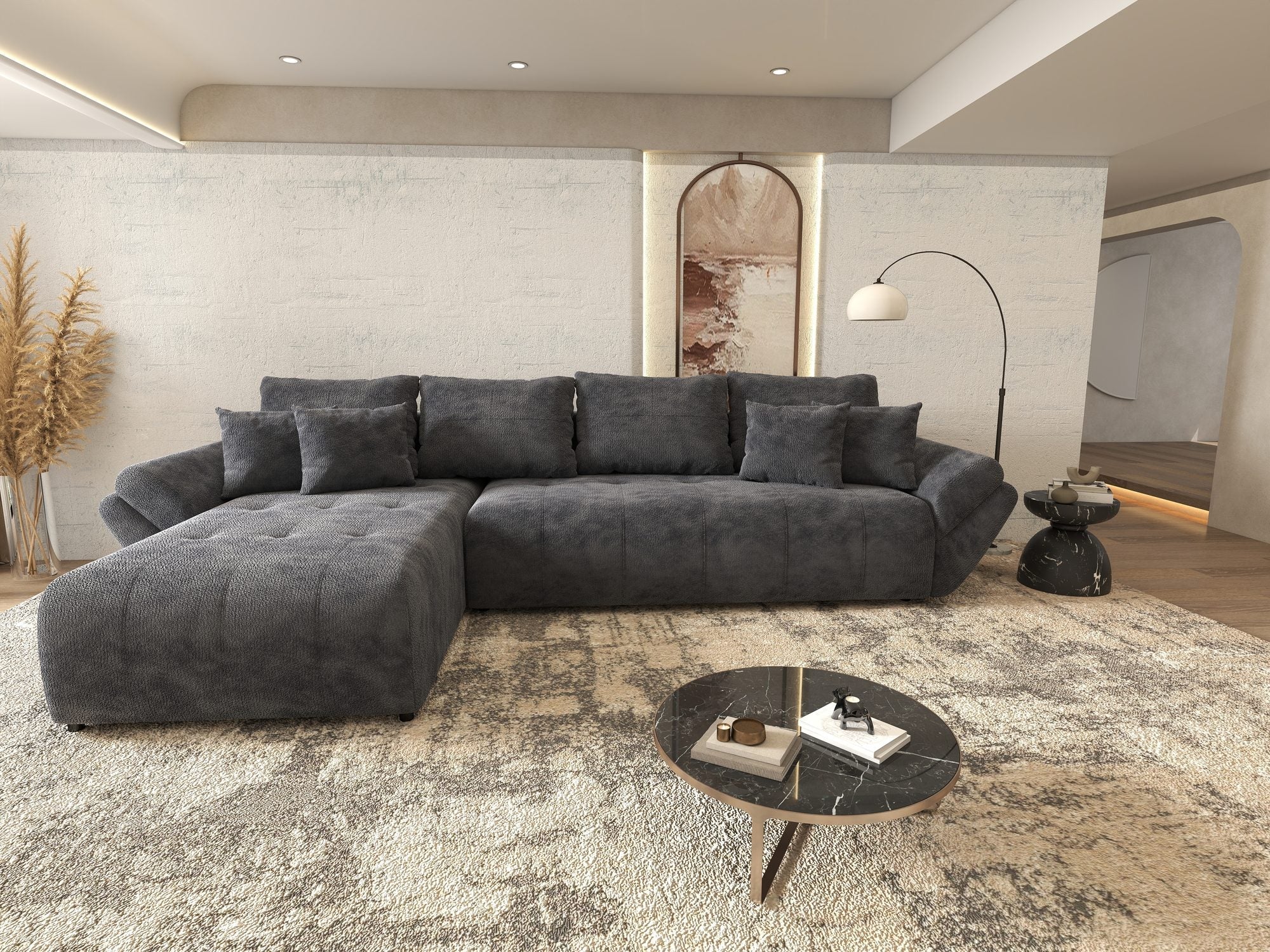 Colțar extensibil dumonde cu ladă de depozitare si sezut confortabil din spuma high-density, Berlin XL Vibe Gri Antracit 97 350x185 cm
