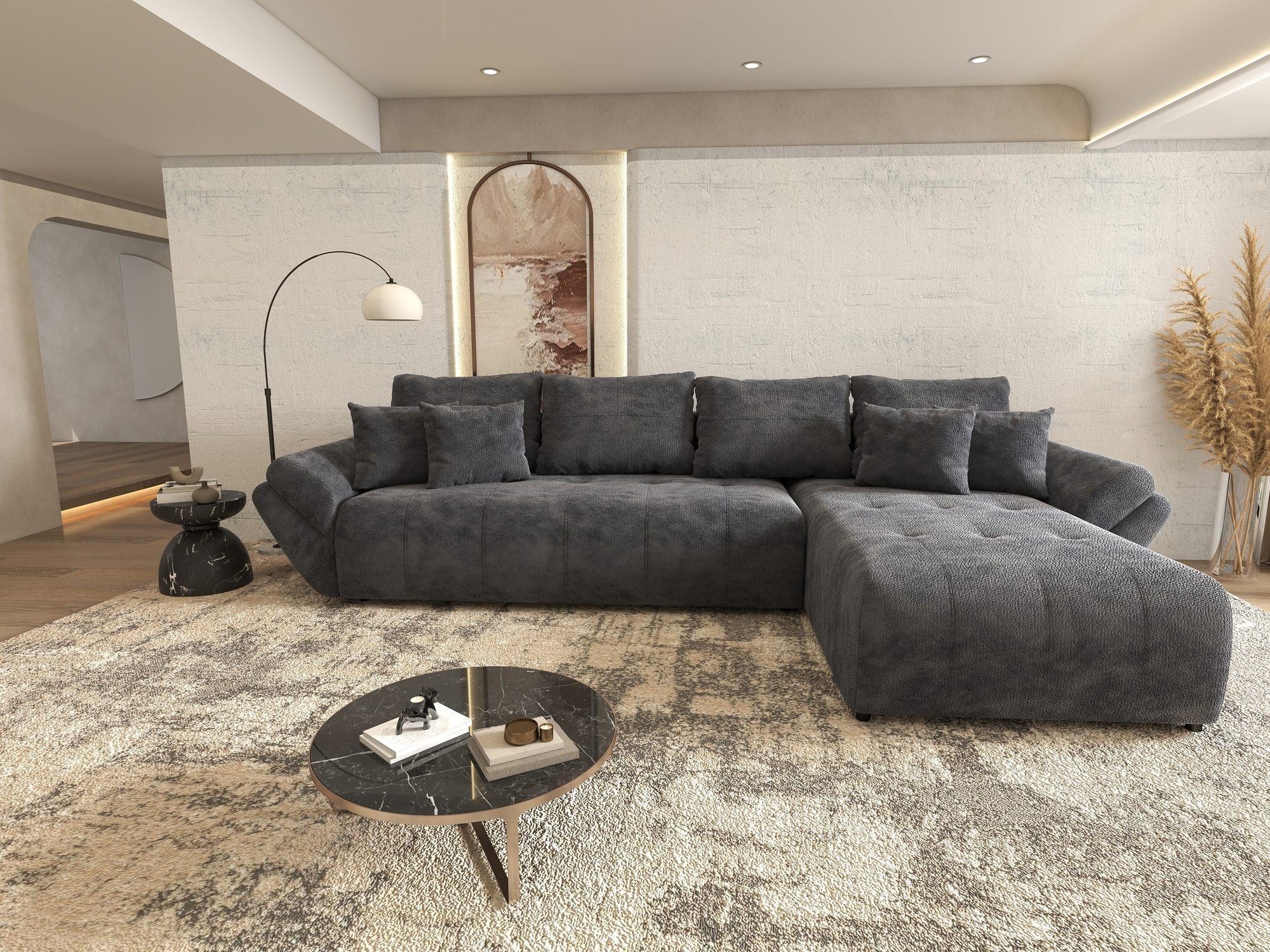 Colțar extensibil dumonde cu ladă de depozitare si sezut confortabil din spuma high-density, Berlin XL Vibe Gri Antracit 97 II 350x185 cm
