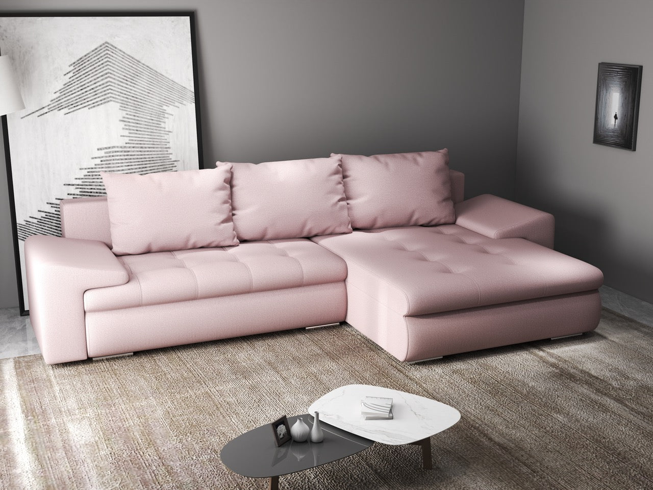 Colțar extensibil dumonde cu ladă de depozitare si sezut confortabil din spuma HR, Leonardo Enjoy Roz 260x185 cm II Fabrica
