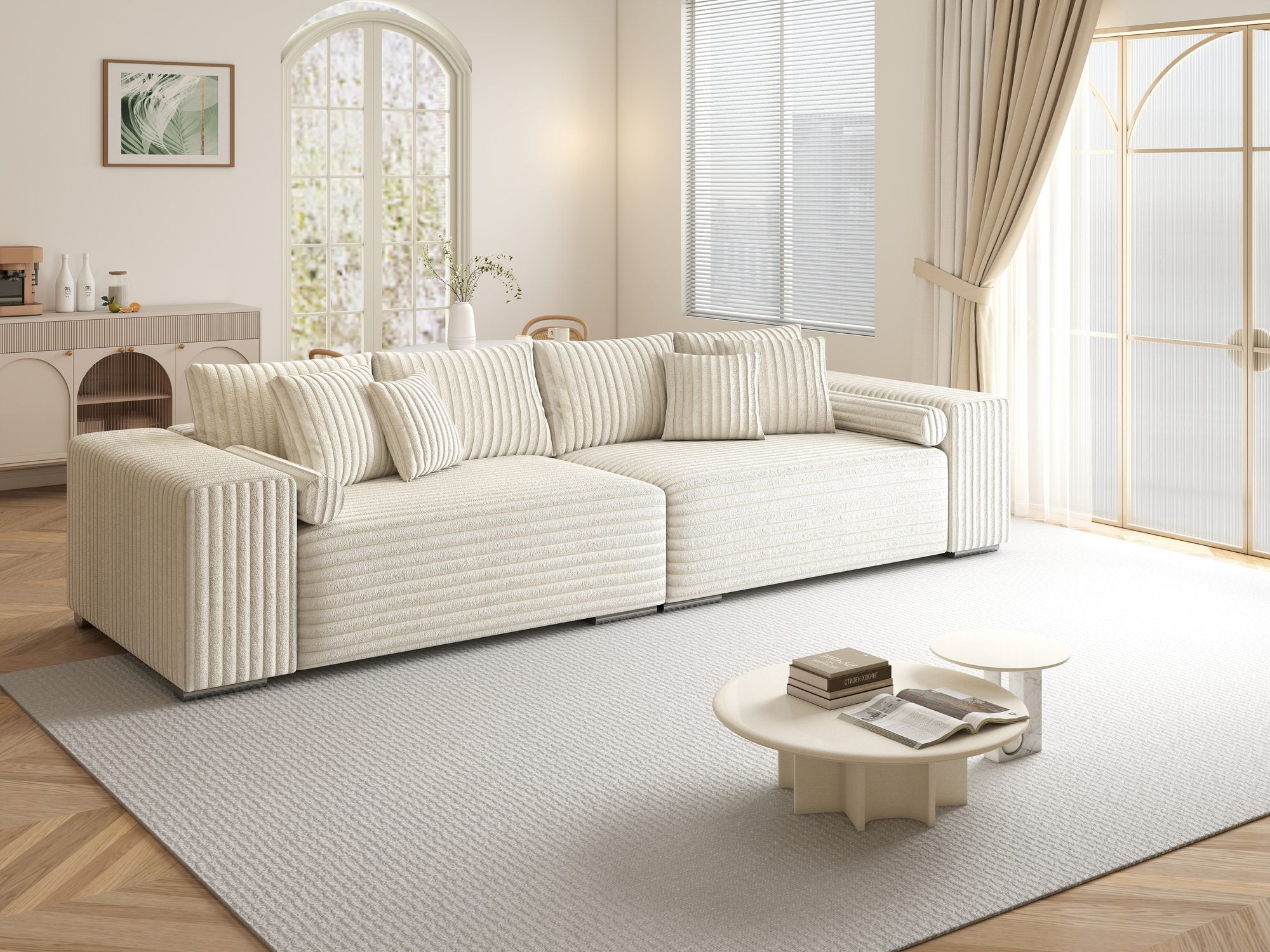 Canapea extensibilă dumonde cu ladă de depozitare si sezut confortabil din spuma high-density, Marbela XXL Tilia Bej 01 290x100 cm