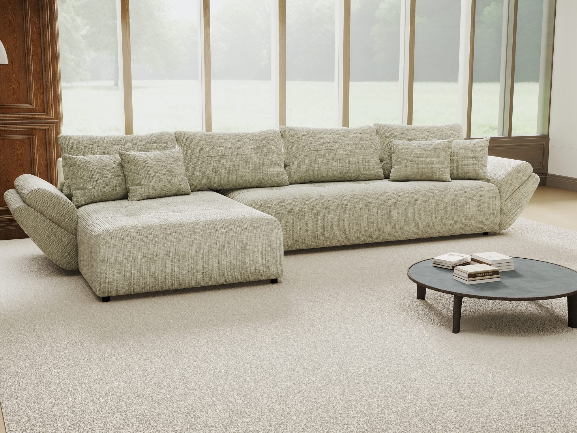 Colțar extensibil dumonde cu ladă de depozitare si sezut confortabil din spuma high-density, Berlin XL Cremona Bej 04 350x185 cm