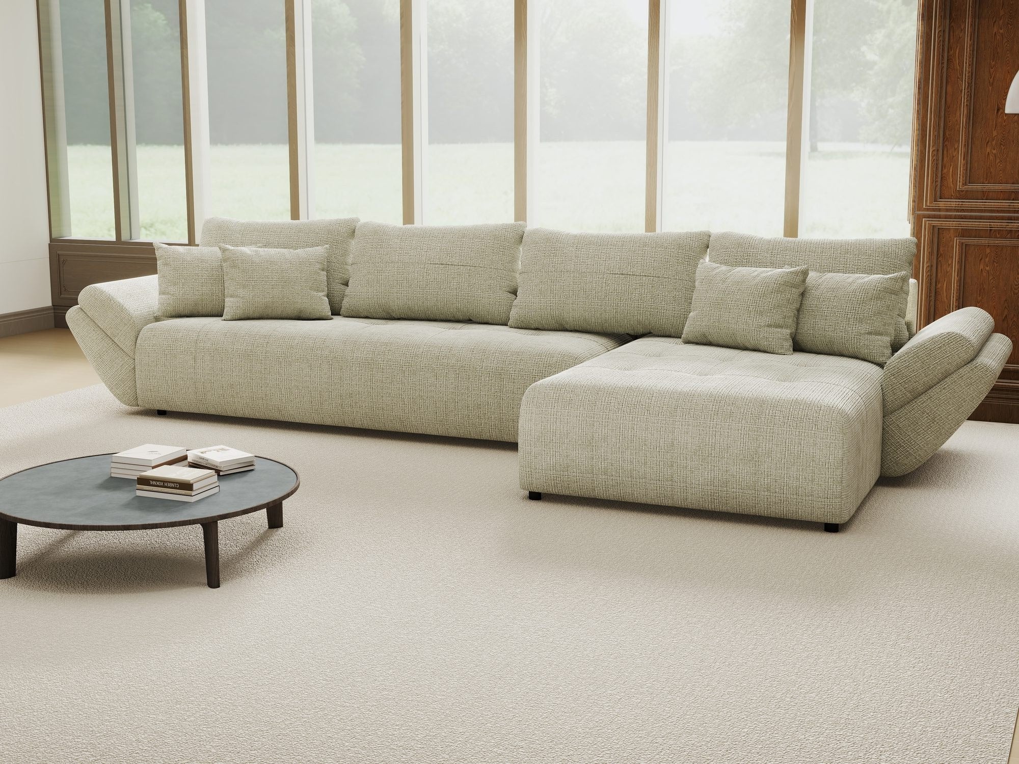 Colțar extensibil dumonde cu ladă de depozitare si sezut confortabil din spuma high-density, Berlin XL Cremona Bej 04 II 350x185 cm