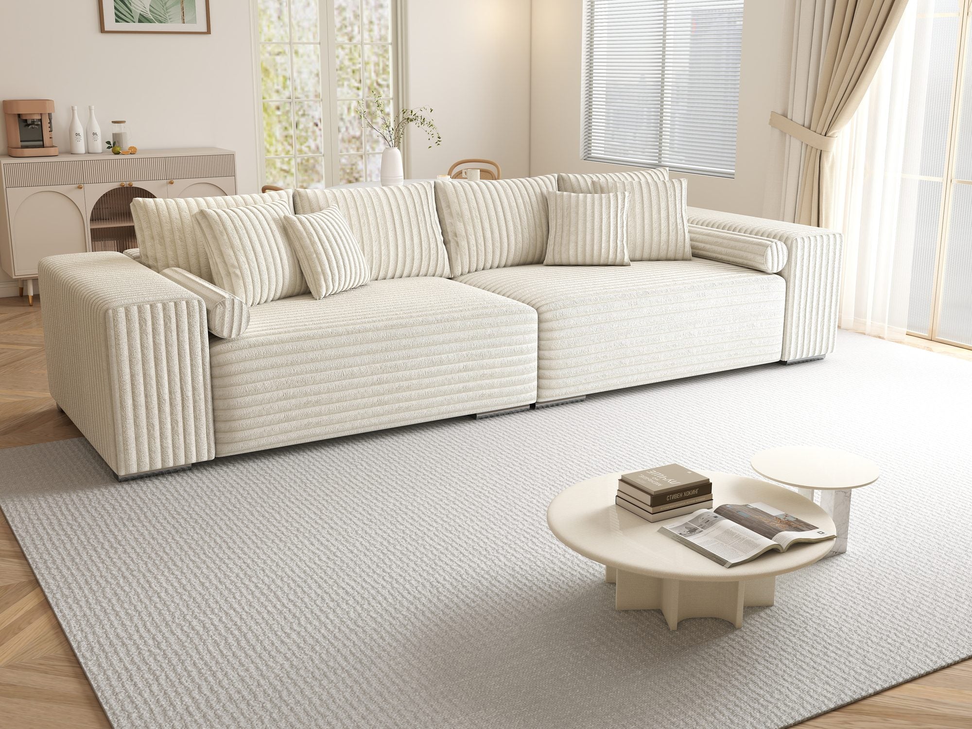Canapea extensibilă dumonde cu ladă de depozitare si sezut confortabil din spuma high-density, Marbela XXL Tilia Bej 01 290x100 cm