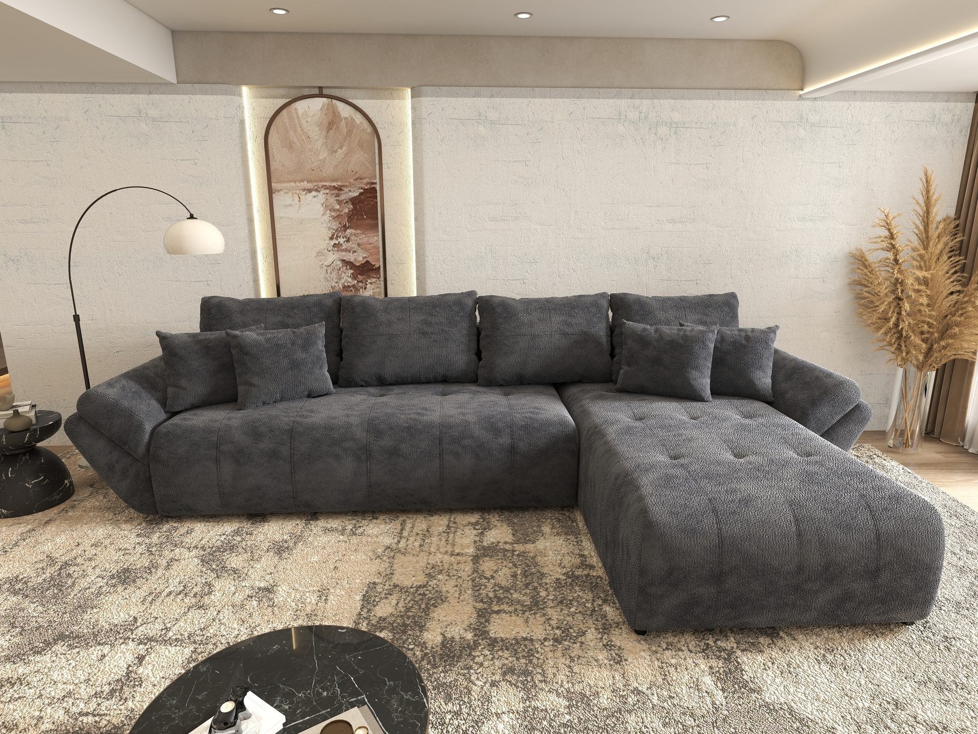 Colțar extensibil dumonde cu ladă de depozitare si sezut confortabil din spuma high-density, Berlin XL Vibe Gri Antracit 97 II 350x185 cm