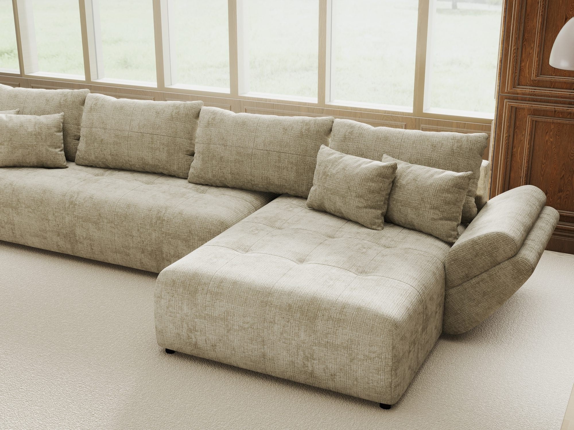 Colțar extensibil dumonde cu ladă de depozitare si sezut confortabil din spuma high-density, Berlin XL Cremona Bej 14 II 350x185 cm