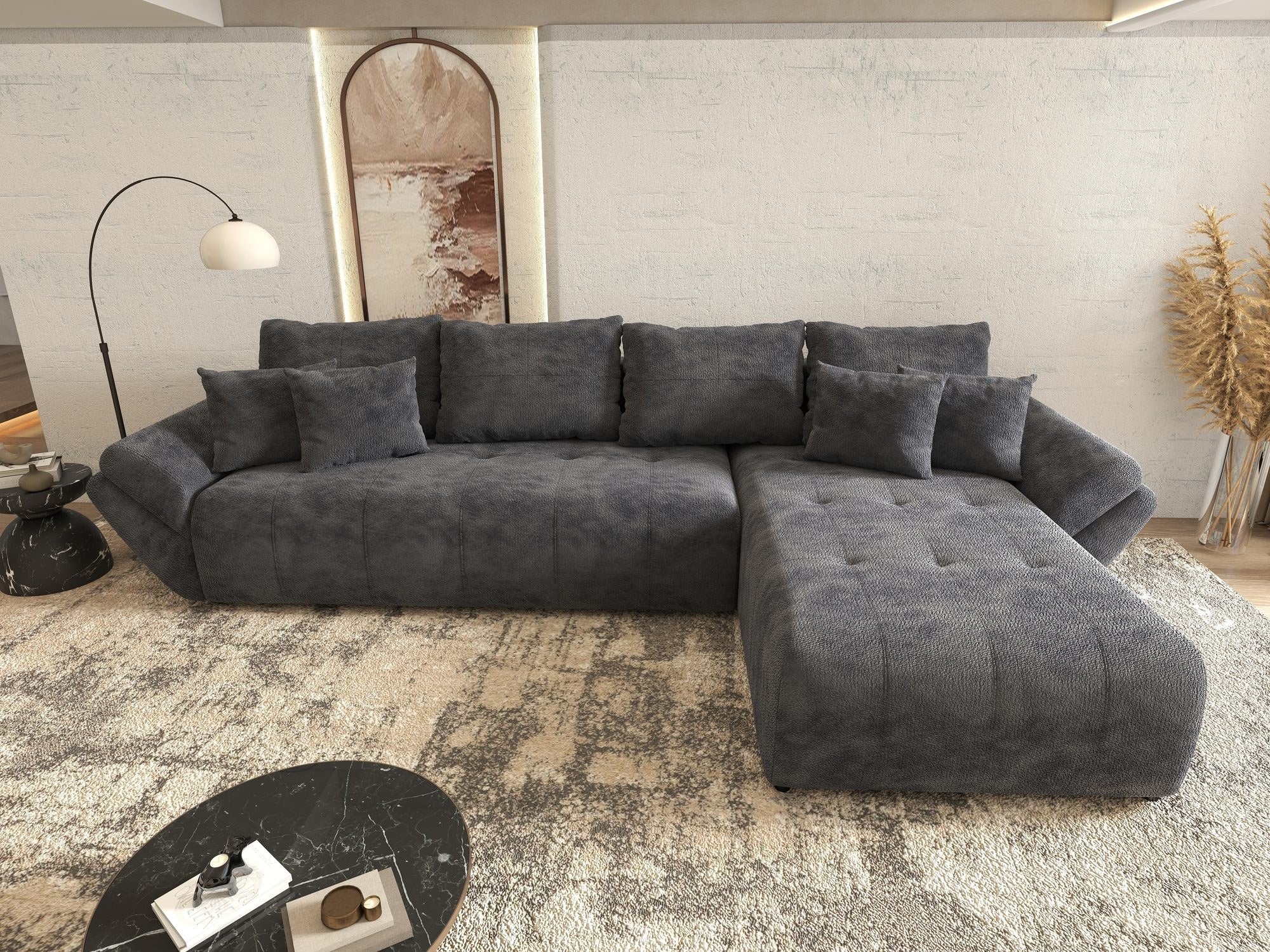 Colțar extensibil dumonde cu ladă de depozitare si sezut confortabil din spuma high-density, Berlin XL Vibe Gri Antracit 97 II 350x185 cm