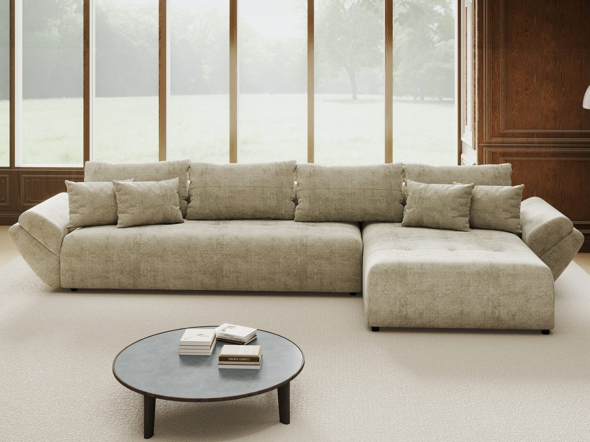 Colțar extensibil dumonde cu ladă de depozitare si sezut confortabil din spuma high-density, Berlin XL Cremona Bej 14 II 350x185 cm