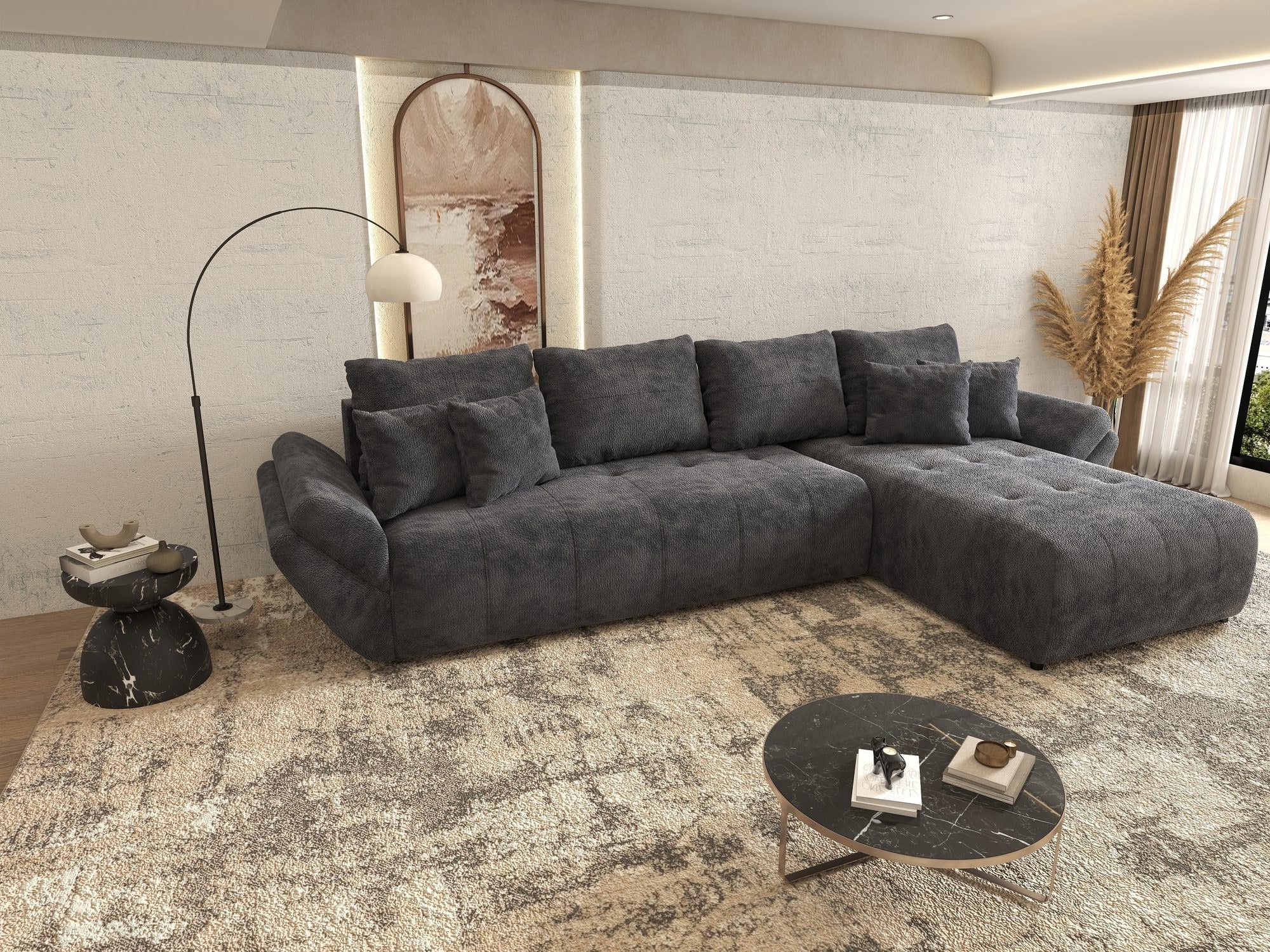 Colțar extensibil dumonde cu ladă de depozitare si sezut confortabil din spuma high-density, Berlin XL Vibe Gri Antracit 97 II 350x185 cm