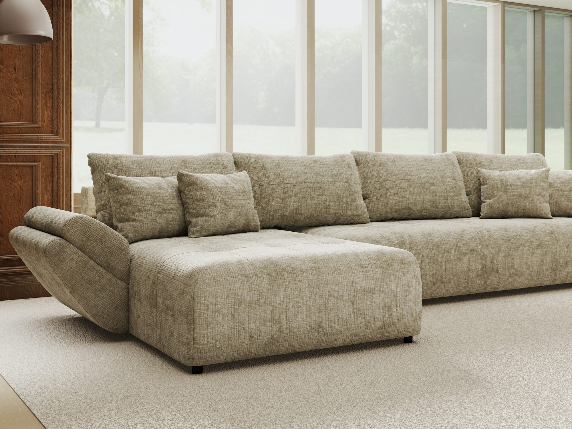 Colțar extensibil dumonde cu ladă de depozitare si sezut confortabil din spuma high-density, Berlin XL Cremona Bej 14 350x185 cm