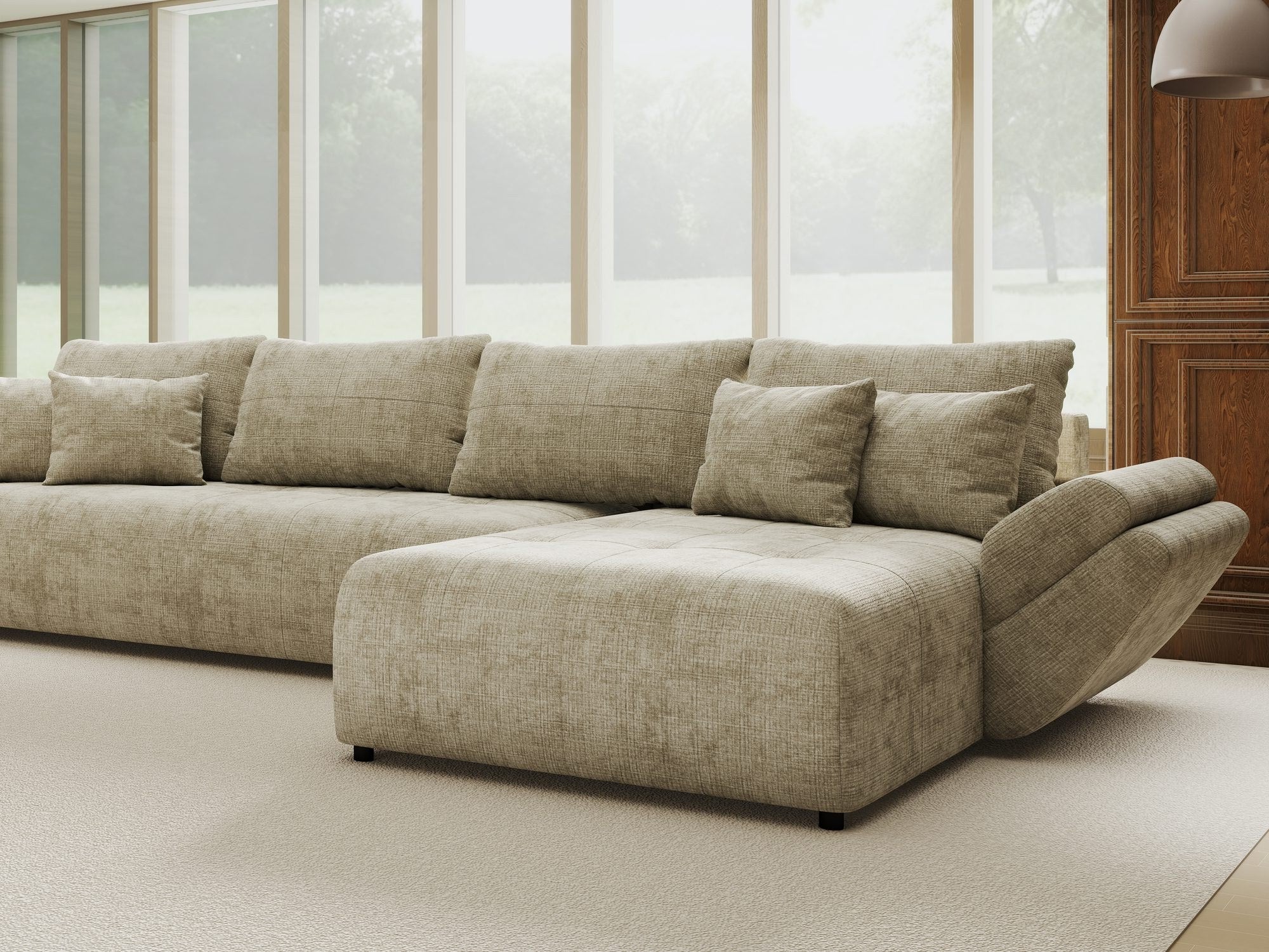 Colțar extensibil dumonde cu ladă de depozitare si sezut confortabil din spuma high-density, Berlin XL Cremona Bej 14 II 350x185 cm