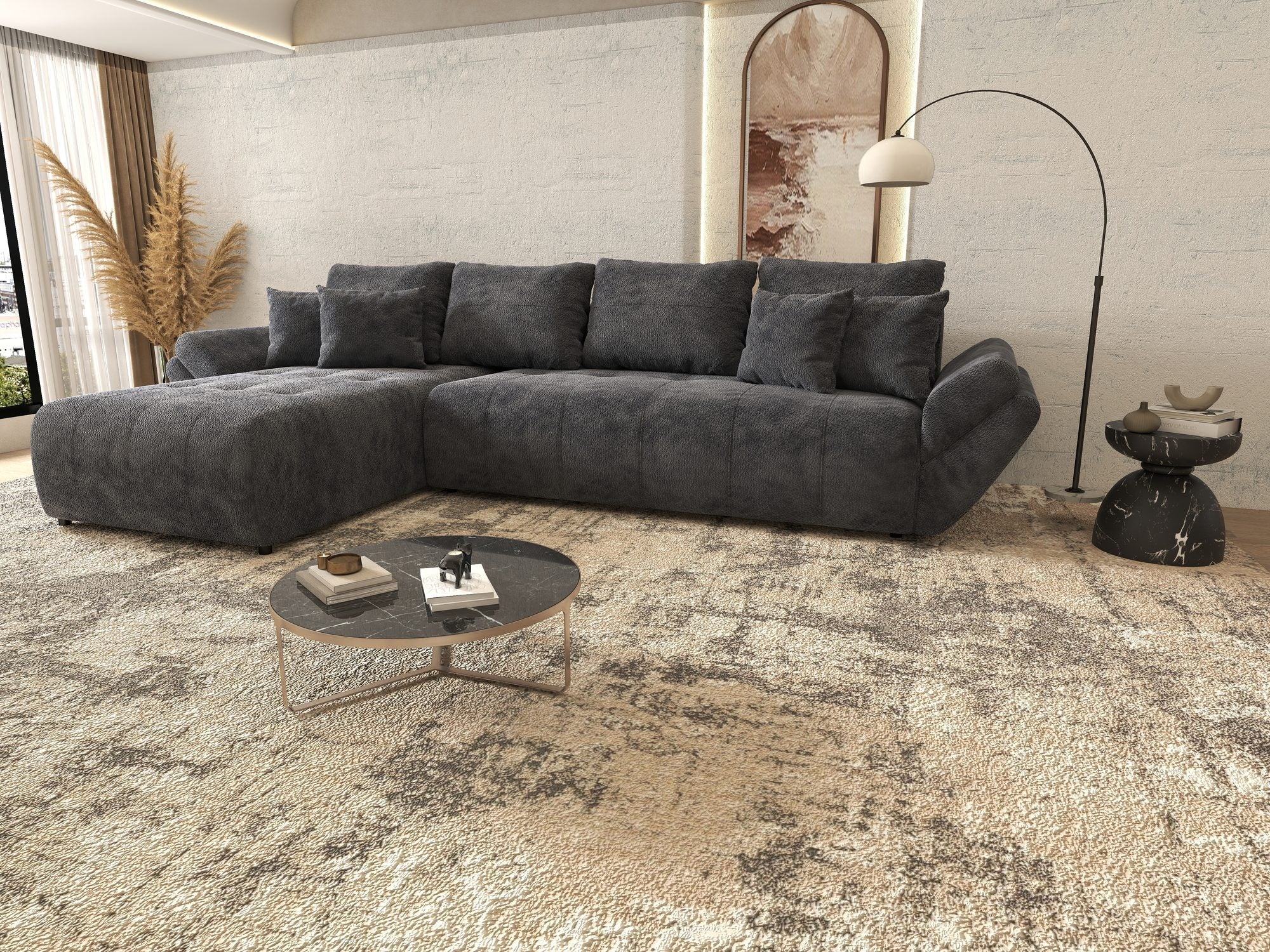 Colțar extensibil dumonde cu ladă de depozitare si sezut confortabil din spuma high-density, Berlin XL Vibe Gri Antracit 97 350x185 cm