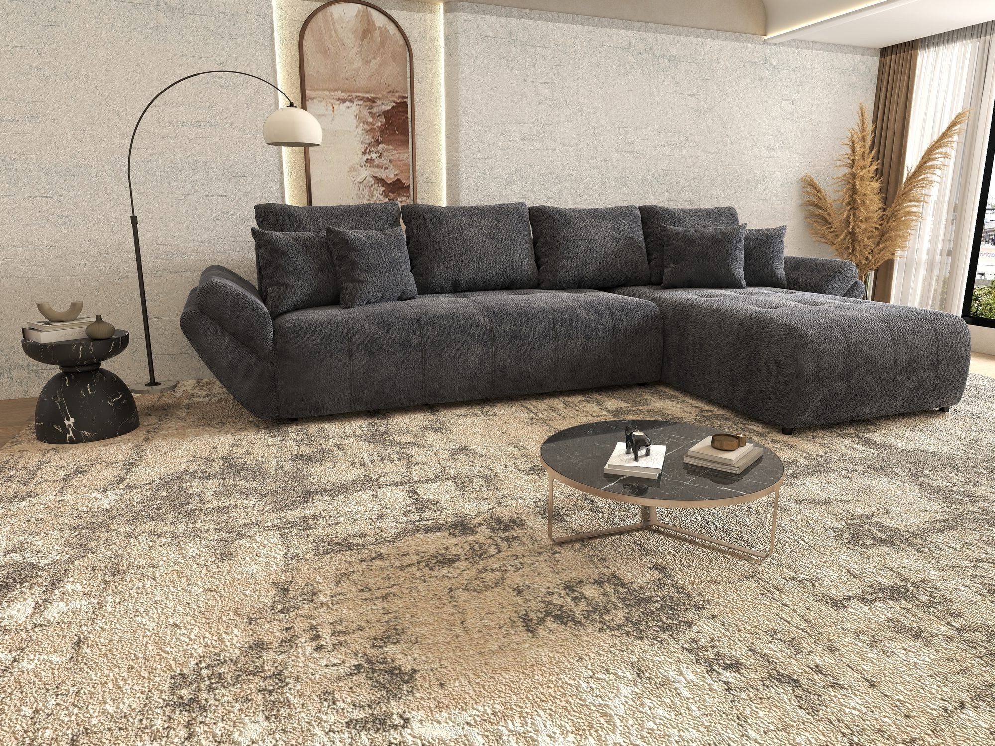 Colțar extensibil dumonde cu ladă de depozitare si sezut confortabil din spuma high-density, Berlin XL Vibe Gri Antracit 97 II 350x185 cm