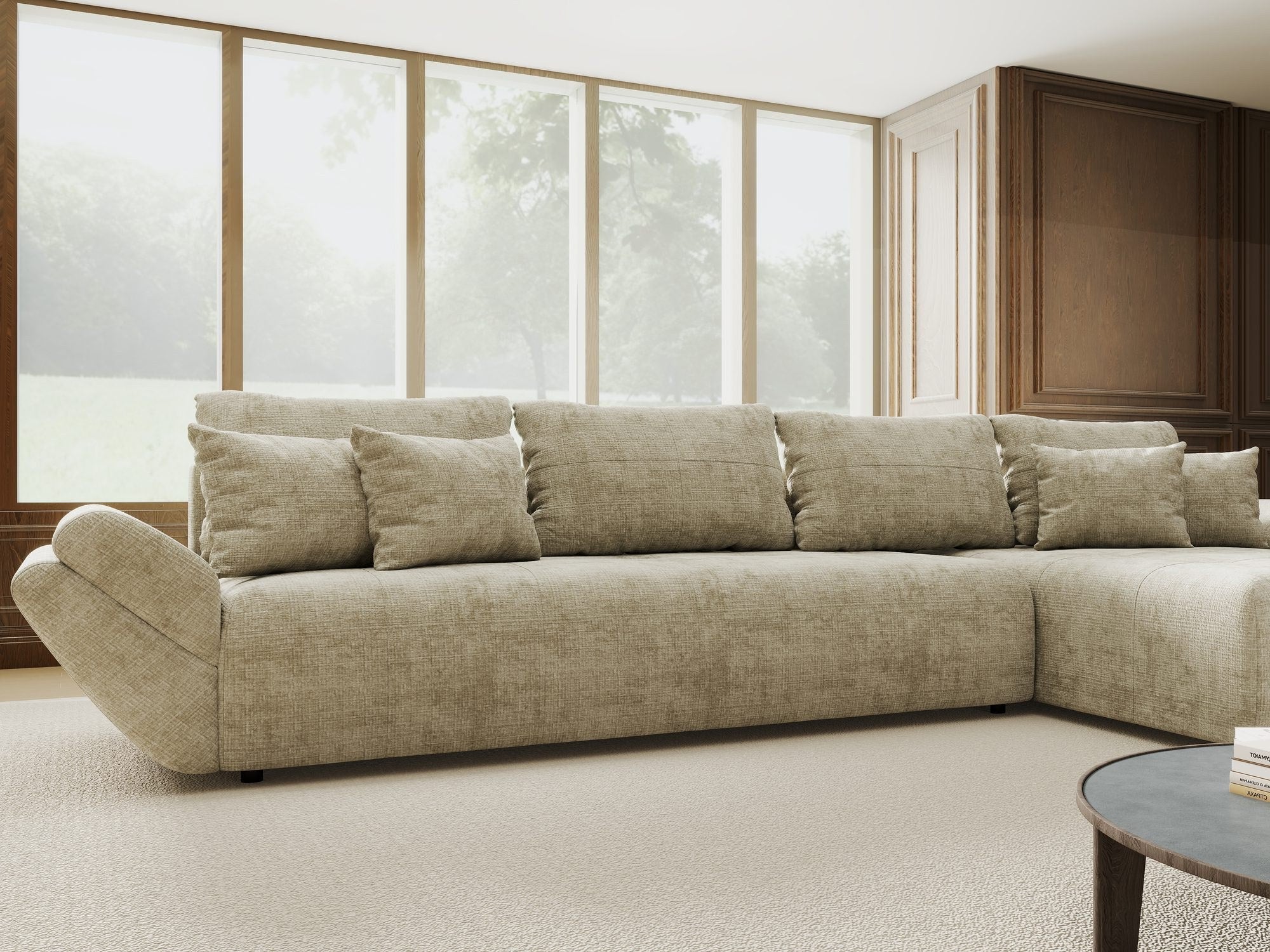 Colțar extensibil dumonde cu ladă de depozitare si sezut confortabil din spuma high-density, Berlin XL Cremona Bej 14 II 350x185 cm