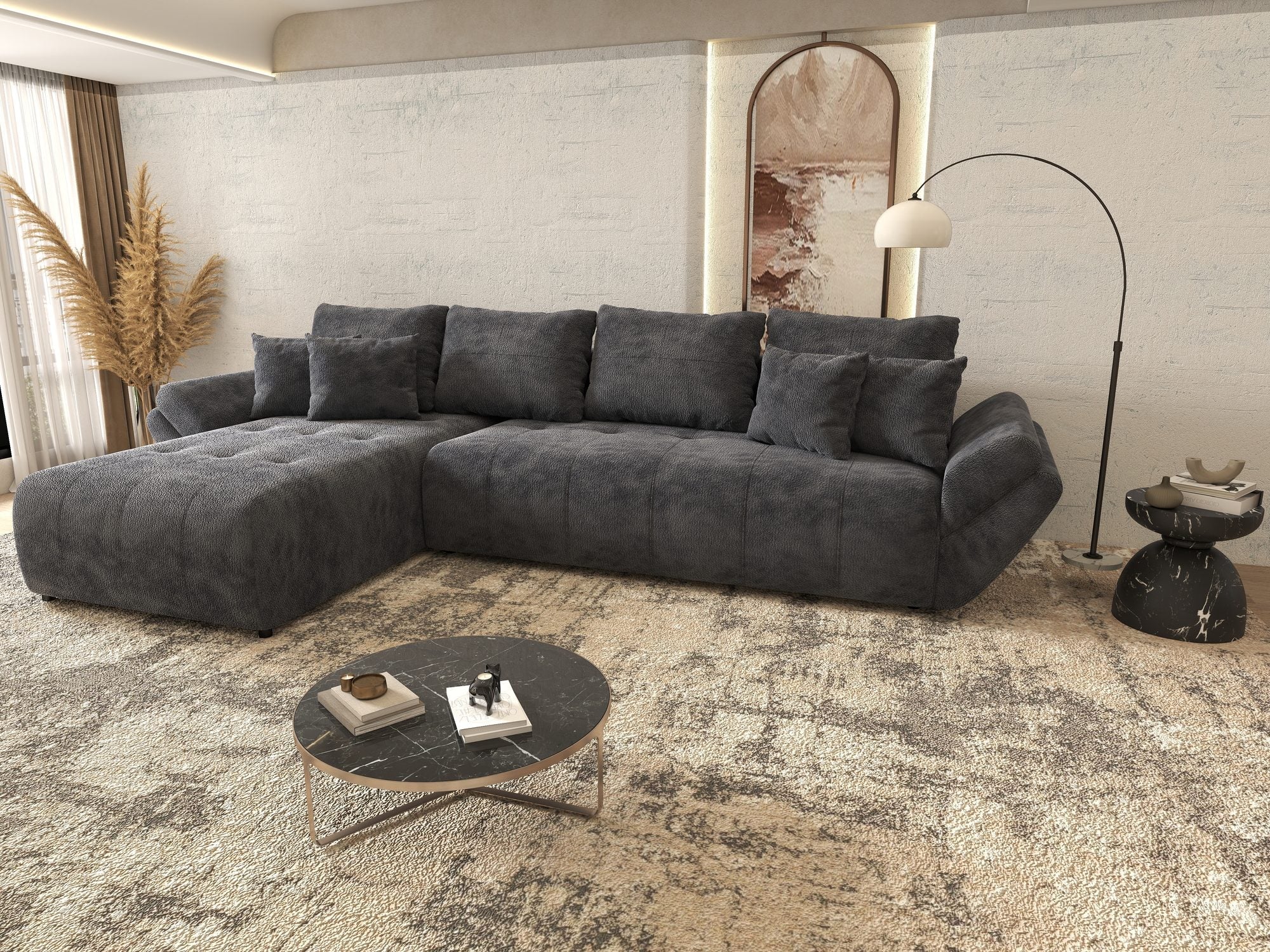Colțar extensibil dumonde cu ladă de depozitare si sezut confortabil din spuma high-density, Berlin XL Vibe Gri Antracit 97 350x185 cm