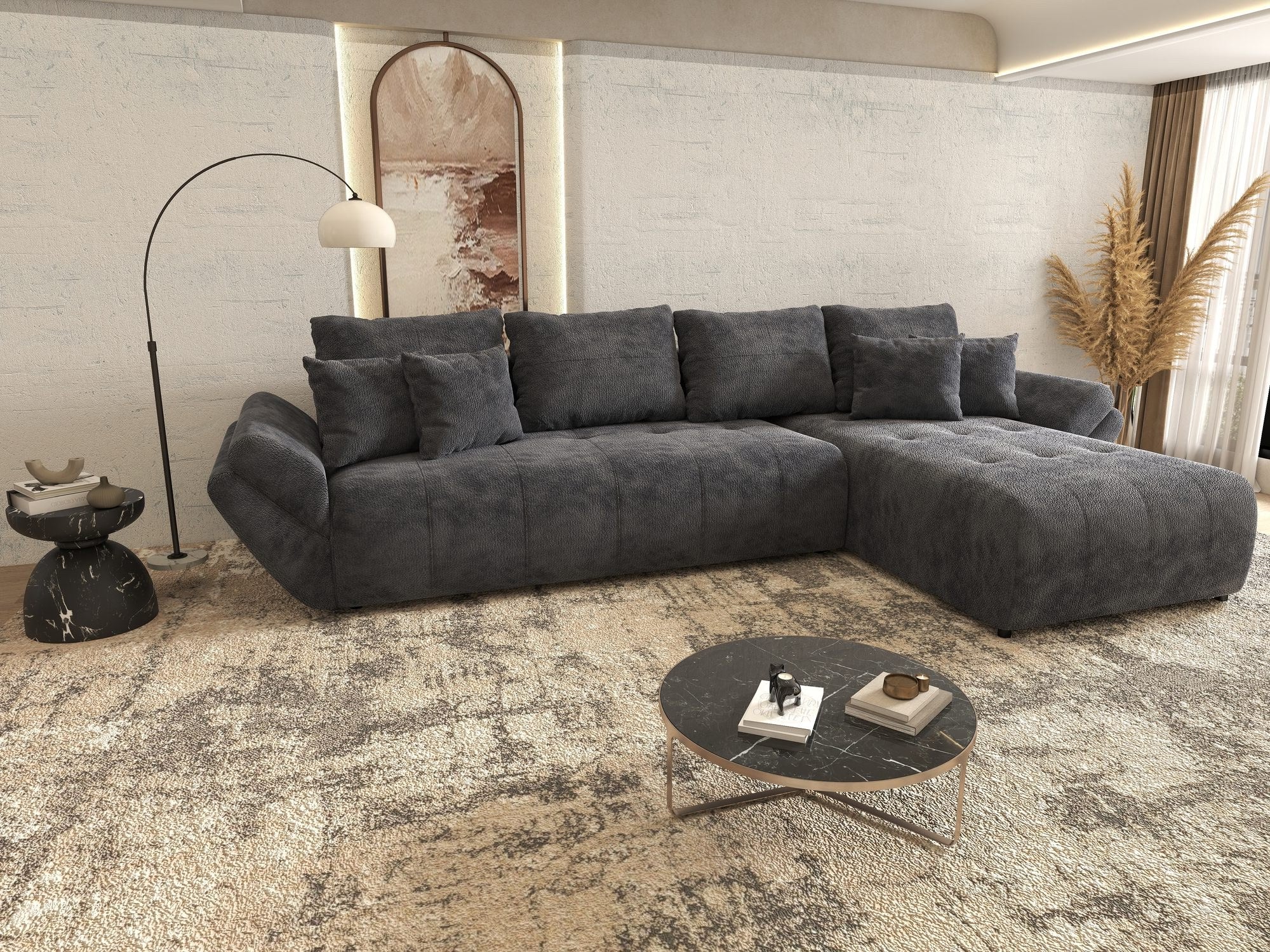 Colțar extensibil dumonde cu ladă de depozitare si sezut confortabil din spuma high-density, Berlin XL Vibe Gri Antracit 97 II 350x185 cm