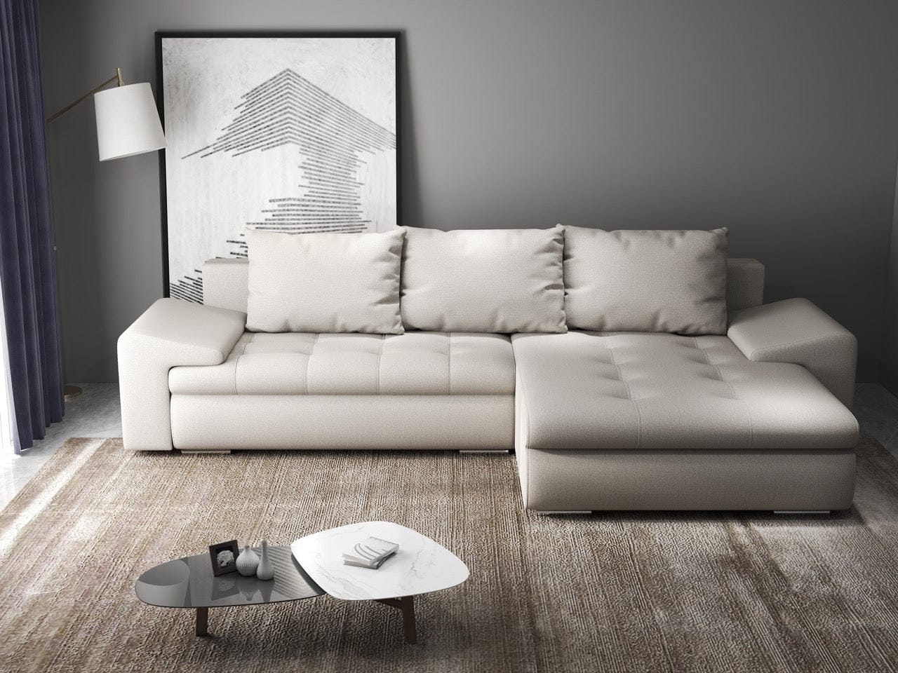 Colțar extensibil dumonde cu ladă de depozitare si sezut confortabil din spuma HR, Leonardo Enjoy Bej 260x185 cm II Fabrica