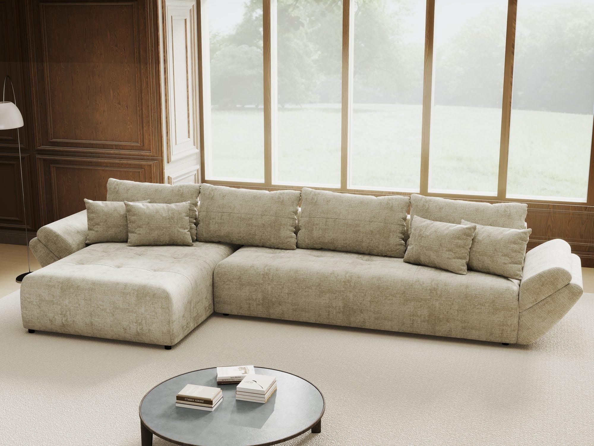 Colțar extensibil dumonde cu ladă de depozitare si sezut confortabil din spuma high-density, Berlin XL Cremona Bej 14 350x185 cm