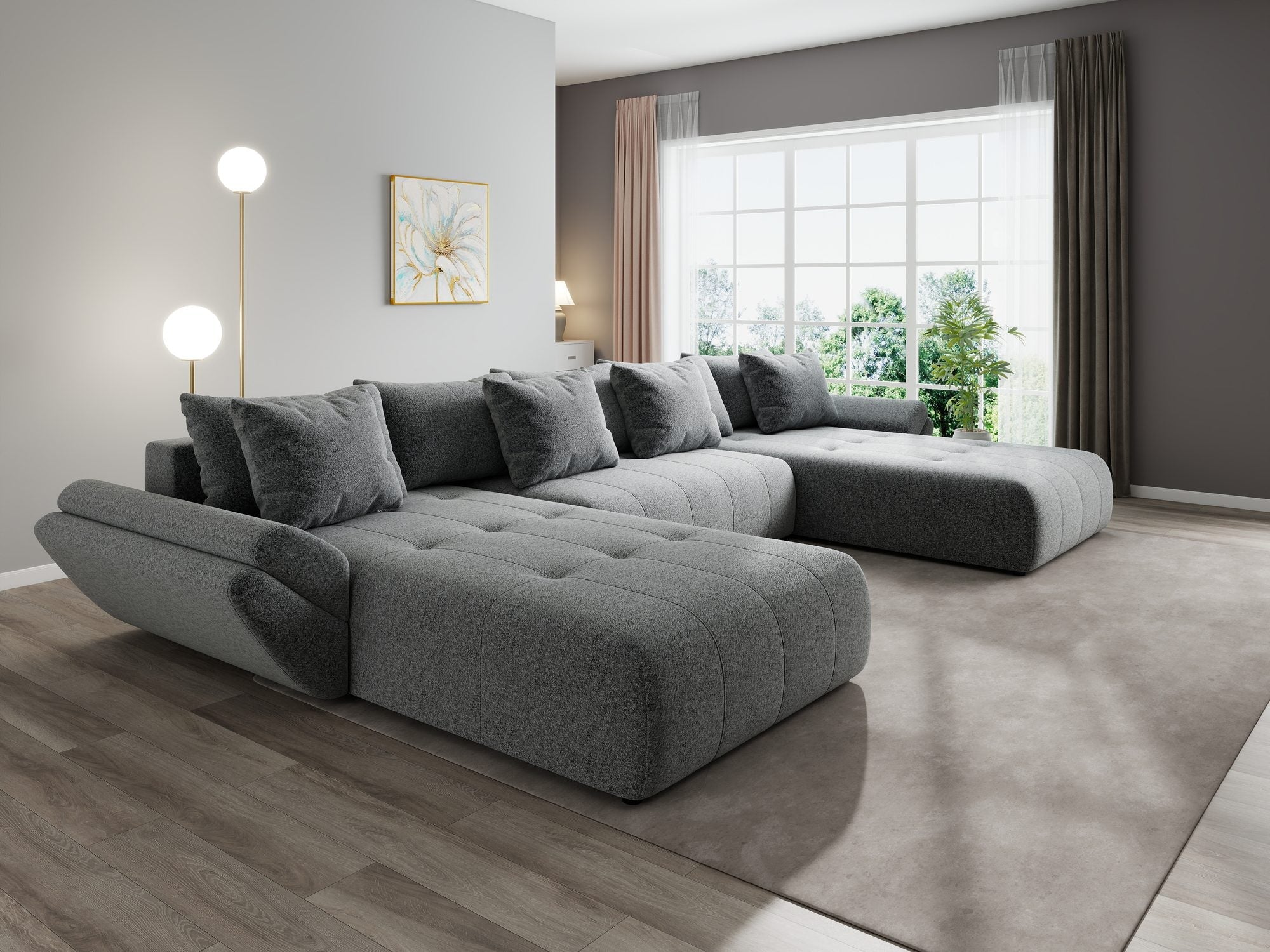 Colțar extensibil dumonde cu ladă de depozitare si sezut confortabil din spuma high-density, Berlin U Monte Gri 90 380x180 cm