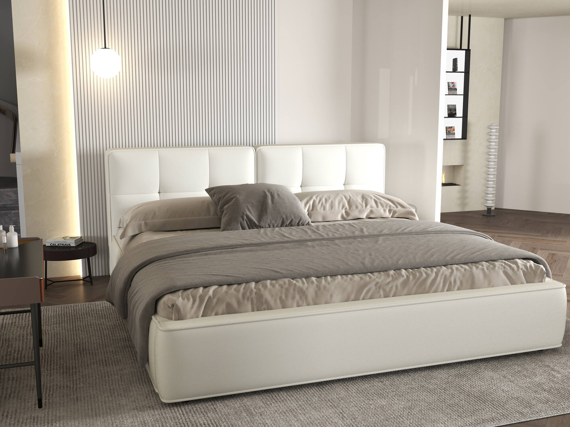 Dumonde kárpitozott ágy, bézs, Madrid 160x200 cm, felnyitható ágyráccsal, tárolóhellyel