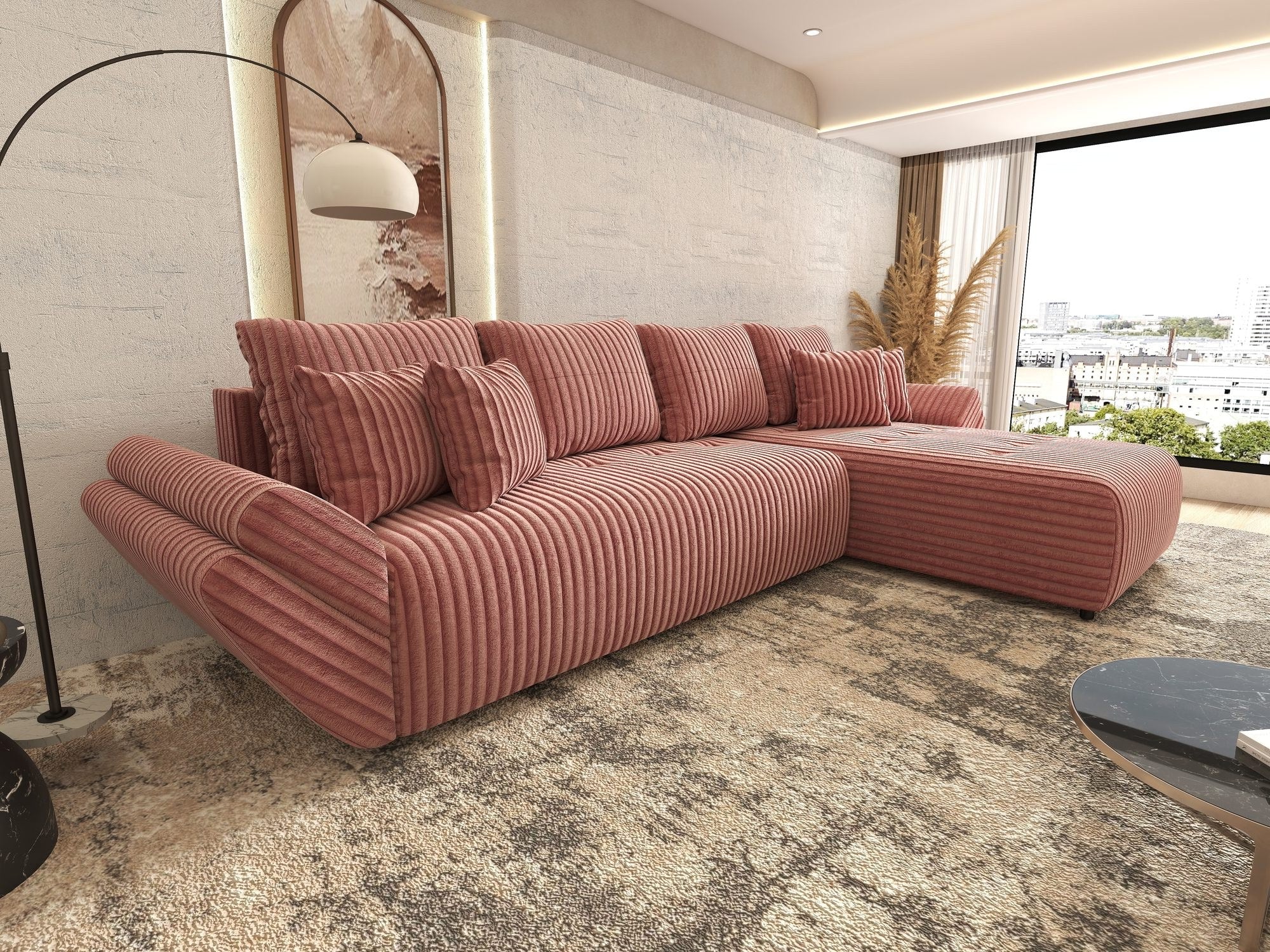 Colțar extensibil dumonde cu ladă de depozitare si sezut confortabil din spuma high-density, Berlin XL Tilia Roz Pudrat 62 II 350x185 cm