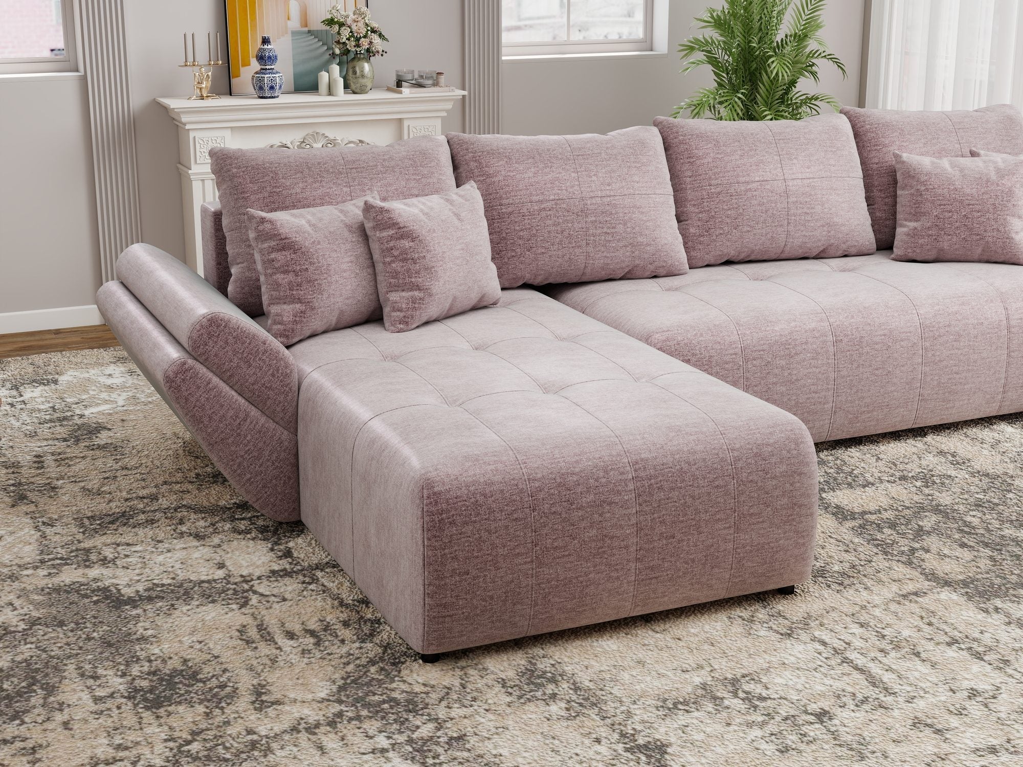 Colțar extensibil dumonde cu ladă de depozitare si sezut confortabil din spuma high-density, Berlin XL Monolith Roz Pudrat 62 350x185 cm