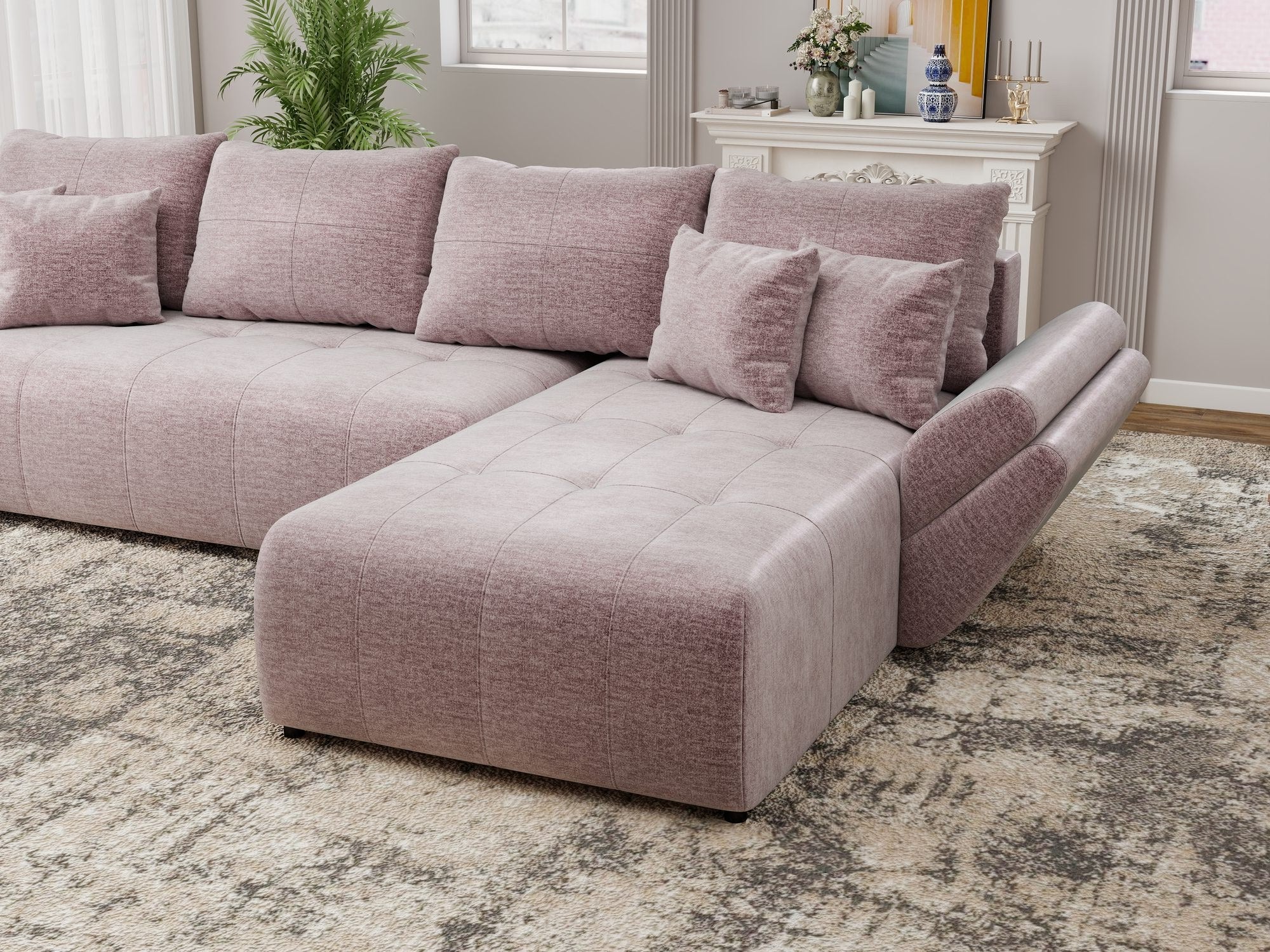 Colțar extensibil dumonde cu ladă de depozitare si sezut confortabil din spuma high-density, Berlin XL Monolith Roz Pudrat 62 II 350x185 cm