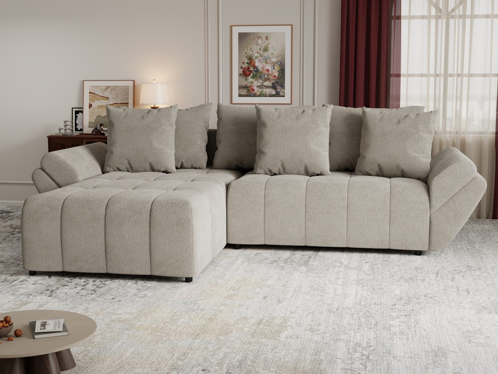 Colțar extensibil dumonde cu ladă de depozitare si sezut confortabil din spuma high-density, Berlin Vibe Bej 06 280x185 cm