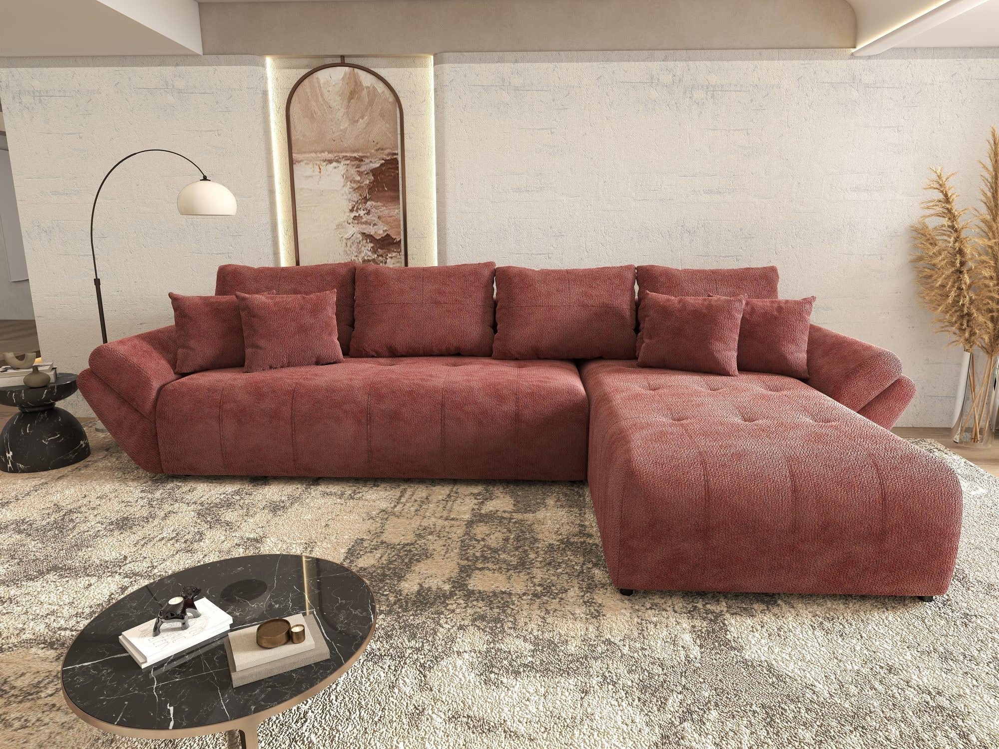 Colțar extensibil dumonde cu ladă de depozitare si sezut confortabil din spuma high-density, Berlin XL Vibe Rosu 58 II 350x185 cm