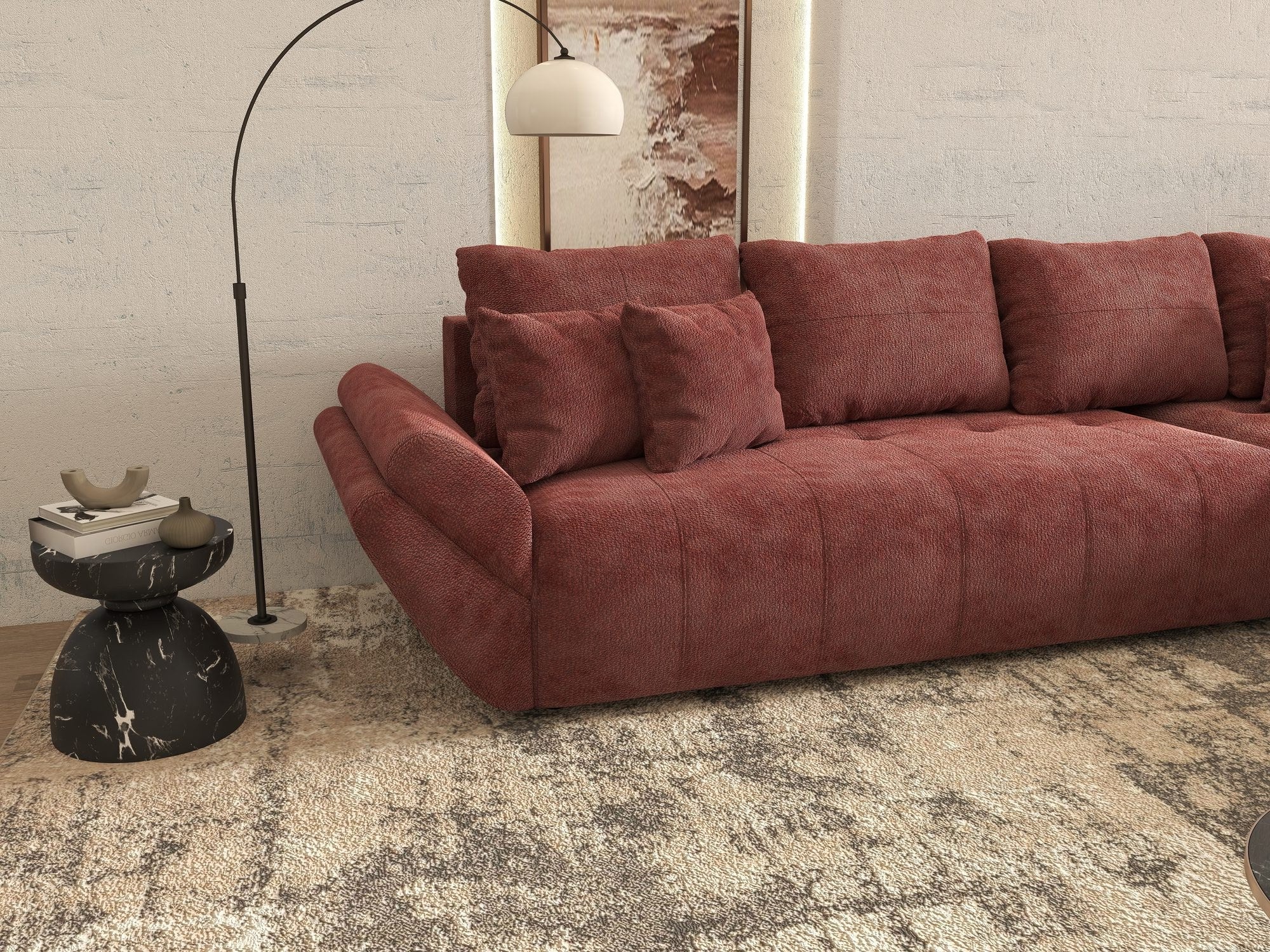 Colțar extensibil dumonde cu ladă de depozitare si sezut confortabil din spuma high-density, Berlin XL Vibe Rosu 58 II 350x185 cm