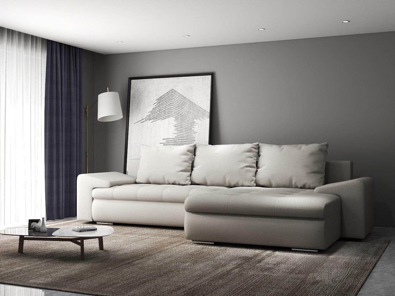 Colțar extensibil dumonde cu ladă de depozitare si sezut confortabil din spuma HR, Leonardo Enjoy Bej 260x185 cm II Fabrica