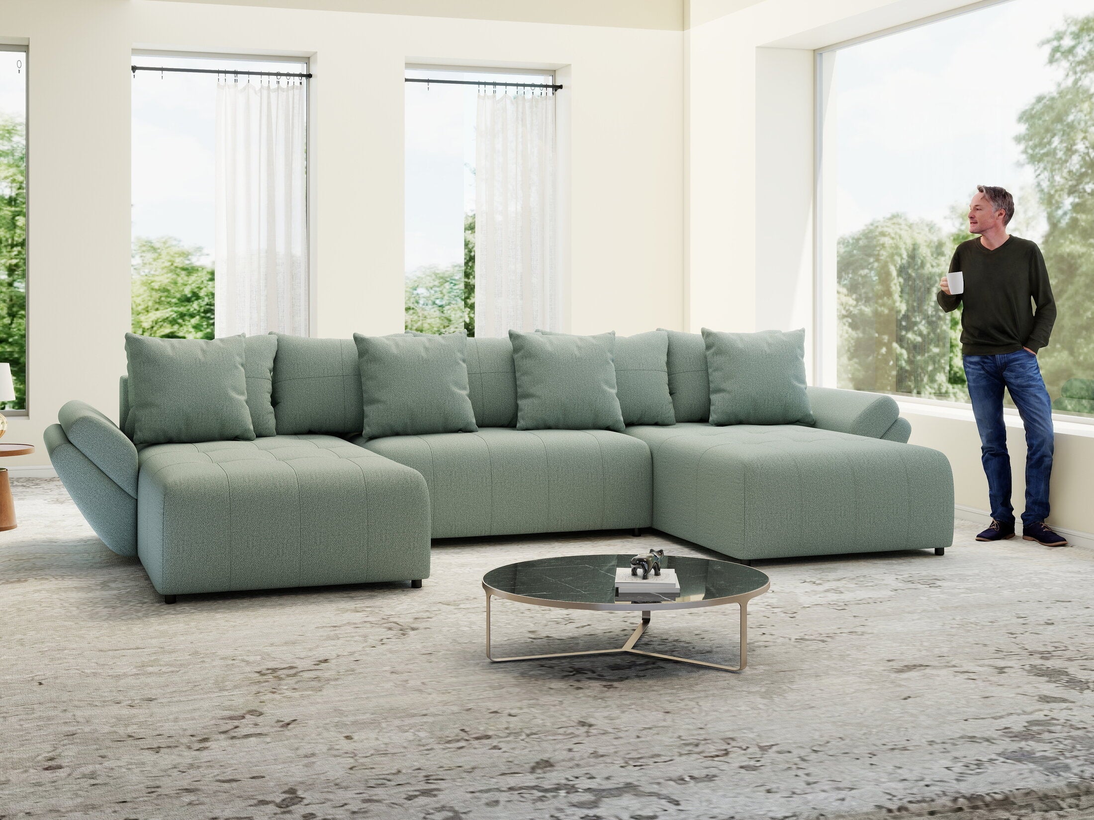 Colțar extensibil dumonde cu ladă de depozitare si sezut confortabil din spuma high-density, Berlin U Enjoy Mint 400x185 cm