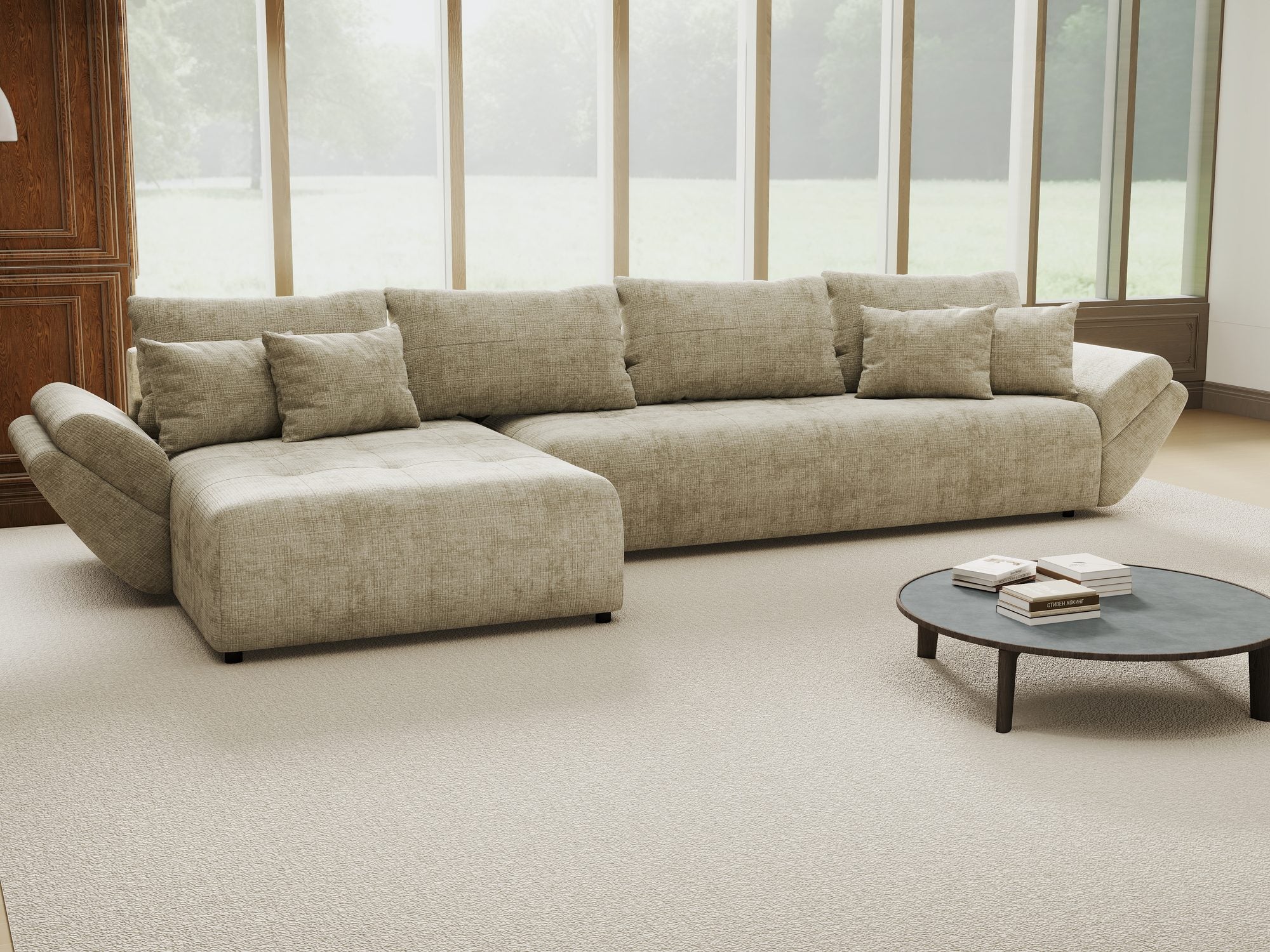 Colțar extensibil dumonde cu ladă de depozitare si sezut confortabil din spuma high-density, Berlin XL Cremona Bej 14 350x185 cm