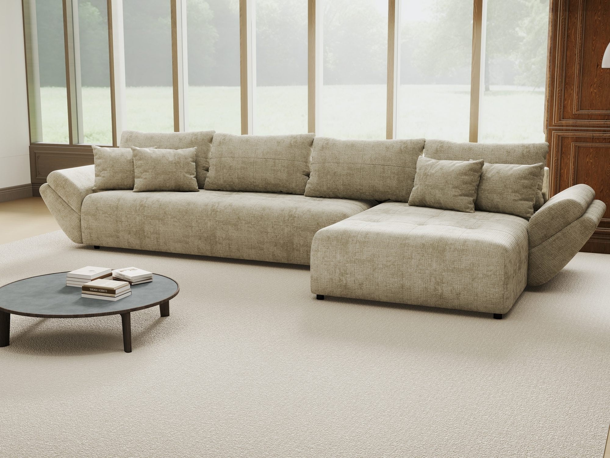 Colțar extensibil dumonde cu ladă de depozitare si sezut confortabil din spuma high-density, Berlin XL Cremona Bej 14 II 350x185 cm