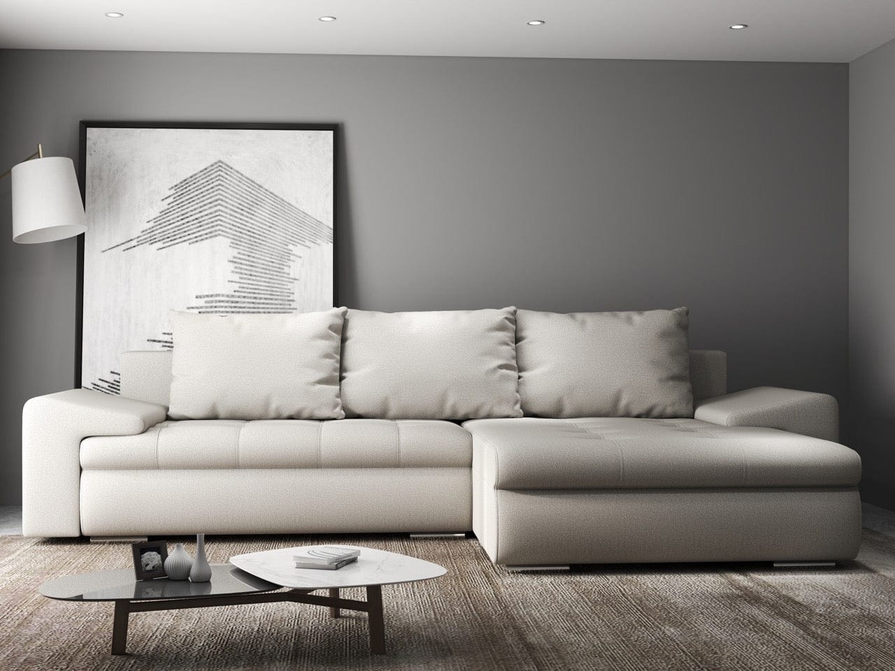 Colțar extensibil dumonde cu ladă de depozitare si sezut confortabil din spuma HR, Leonardo Enjoy Bej 260x185 cm II Fabrica