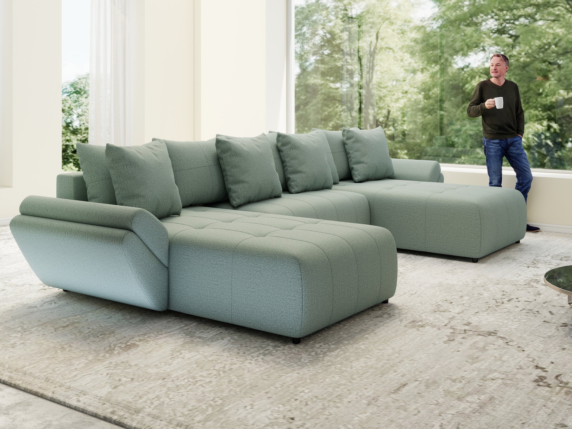 Colțar extensibil dumonde cu ladă de depozitare si sezut confortabil din spuma high-density, Berlin U Enjoy Mint 400x185 cm