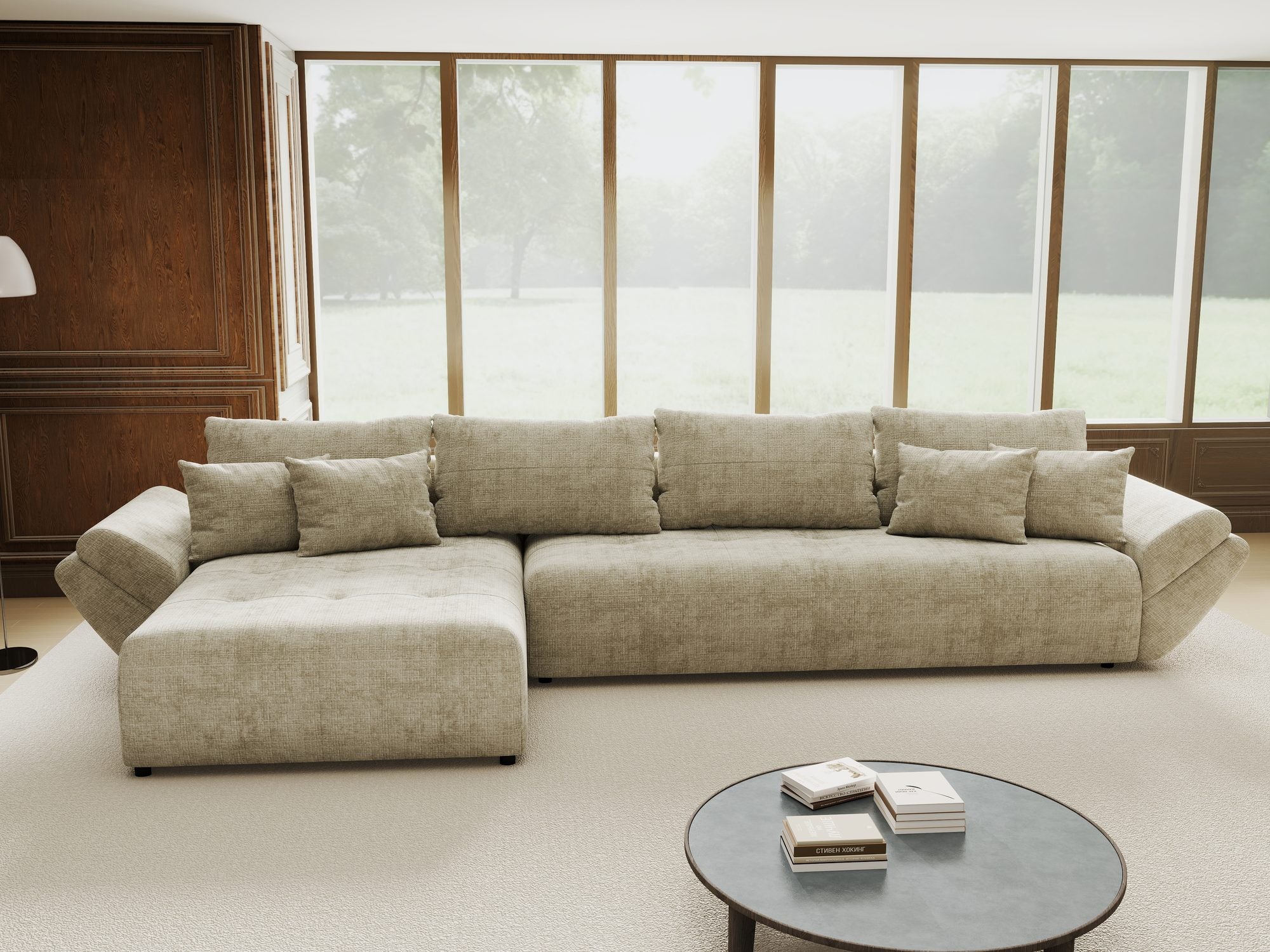 Colțar extensibil dumonde cu ladă de depozitare si sezut confortabil din spuma high-density, Berlin XL Cremona Bej 14 350x185 cm