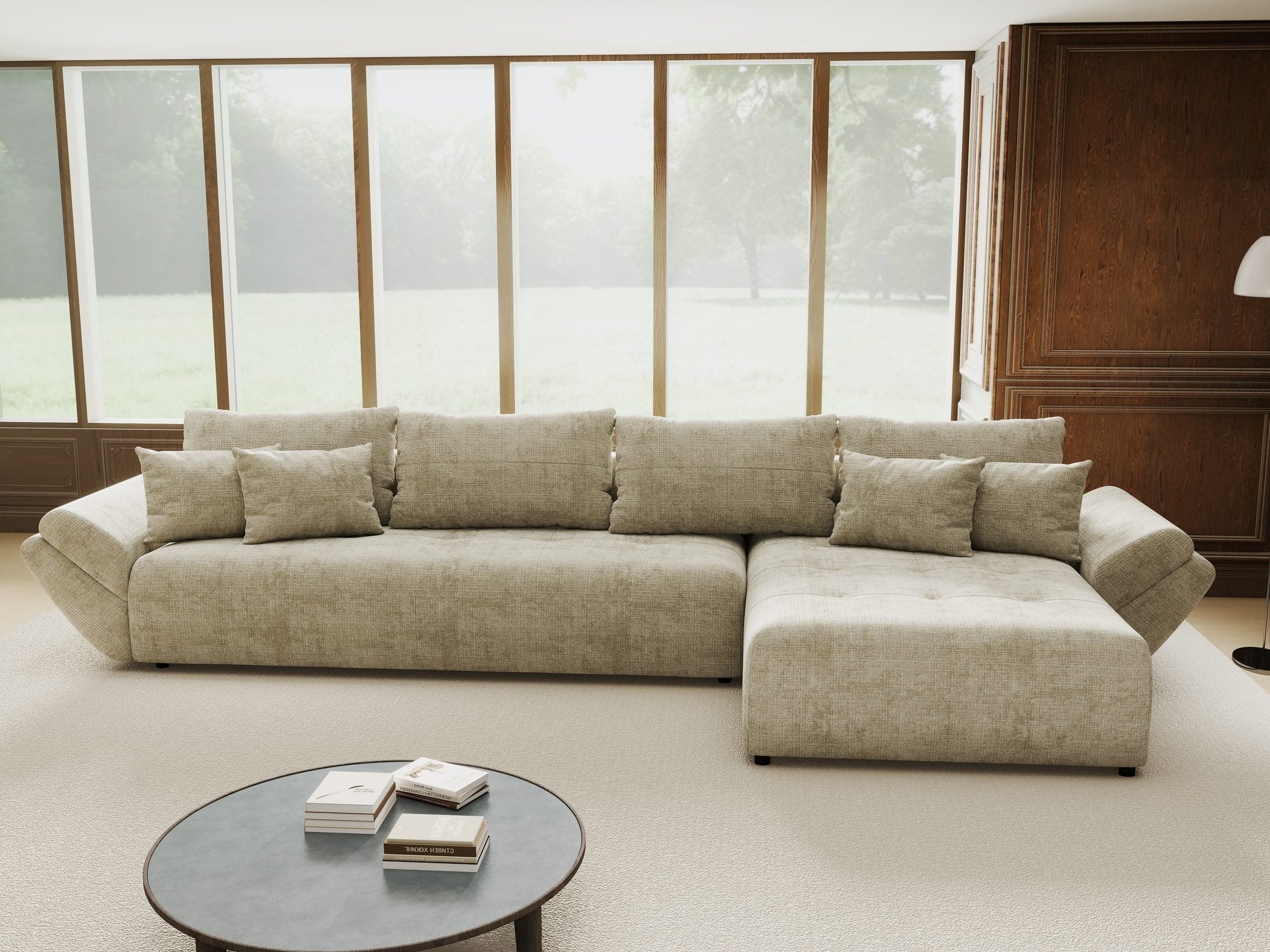 Colțar extensibil dumonde cu ladă de depozitare si sezut confortabil din spuma high-density, Berlin XL Cremona Bej 14 II 350x185 cm
