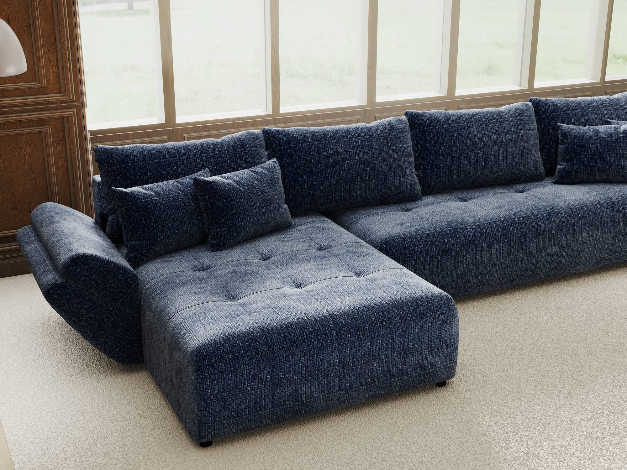 Colțar extensibil dumonde cu ladă de depozitare si sezut confortabil din spuma high-density, Berlin XL Cremona Albastru 79 350x185 cm