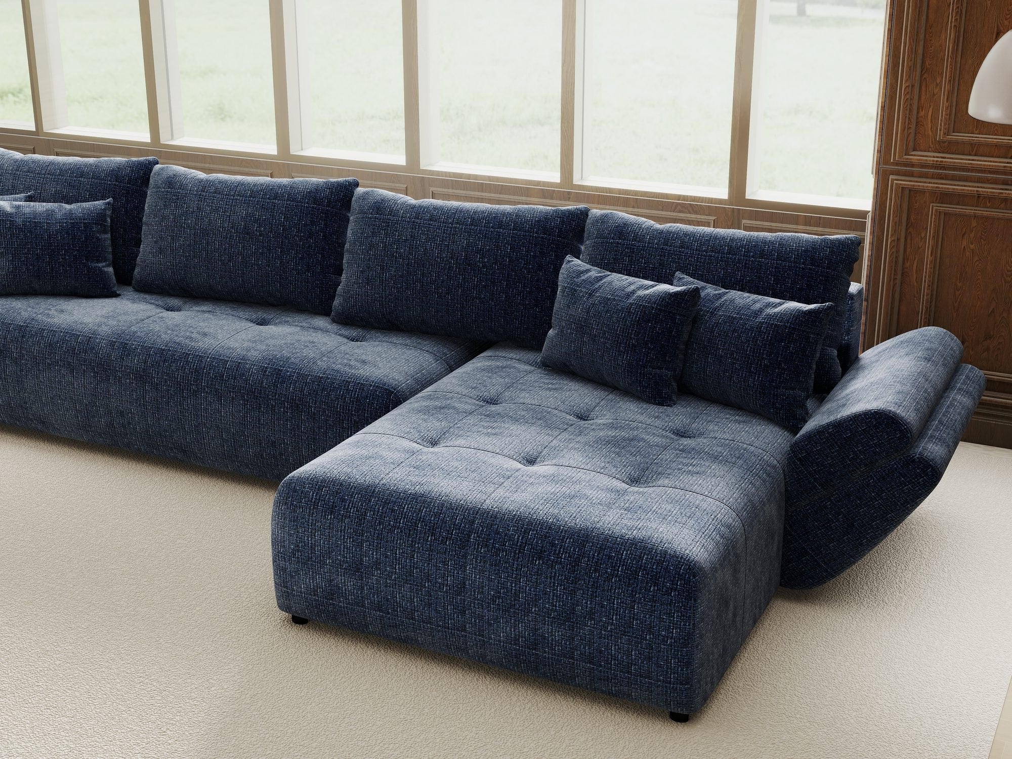 Colțar extensibil dumonde cu ladă de depozitare si sezut confortabil din spuma high-density, Berlin XL Cremona Albastru 79 II 350x185 cm