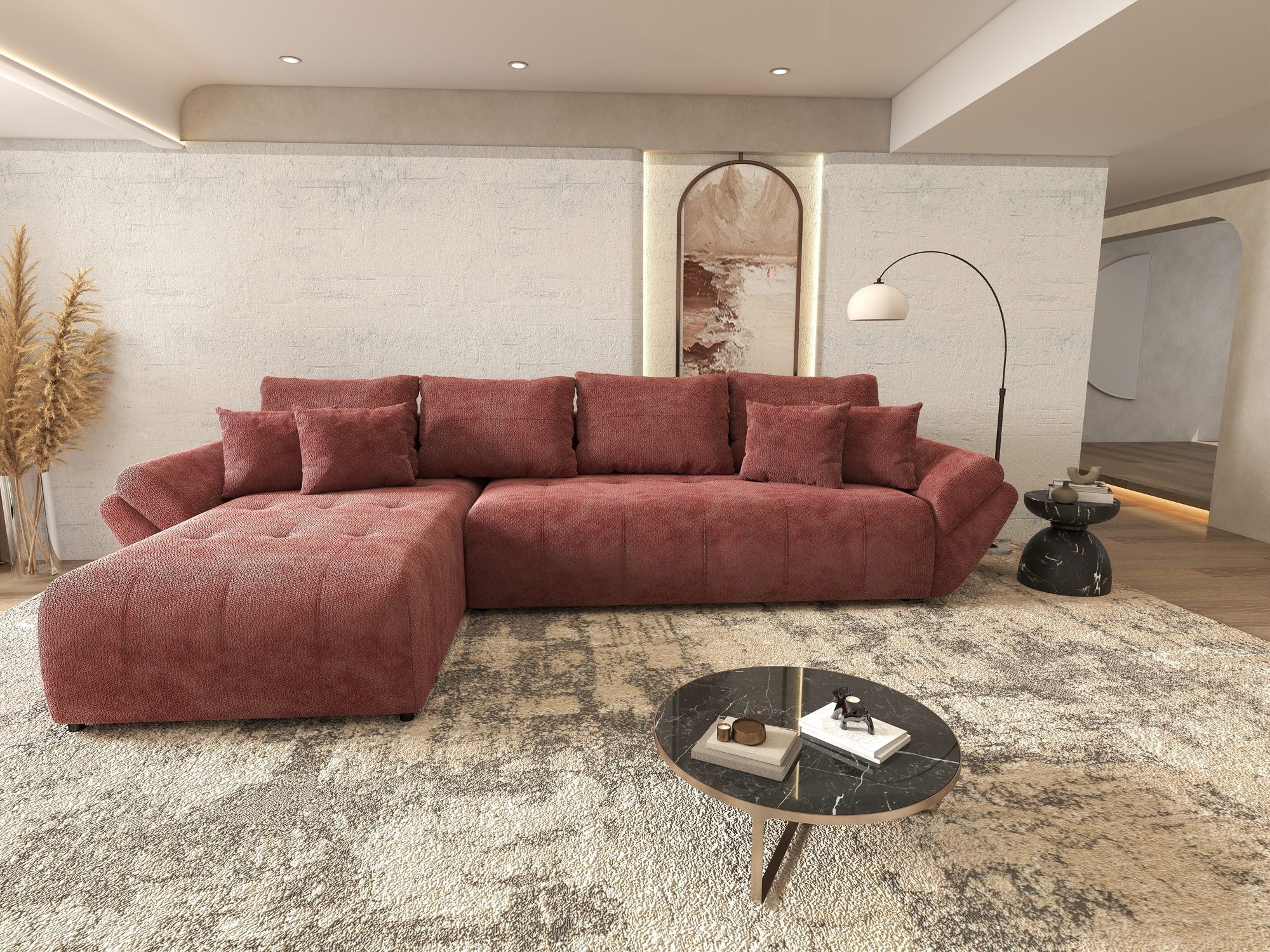 Colțar extensibil dumonde cu ladă de depozitare si sezut confortabil din spuma high-density, Berlin XL Vibe Rosu 58 350x185 cm