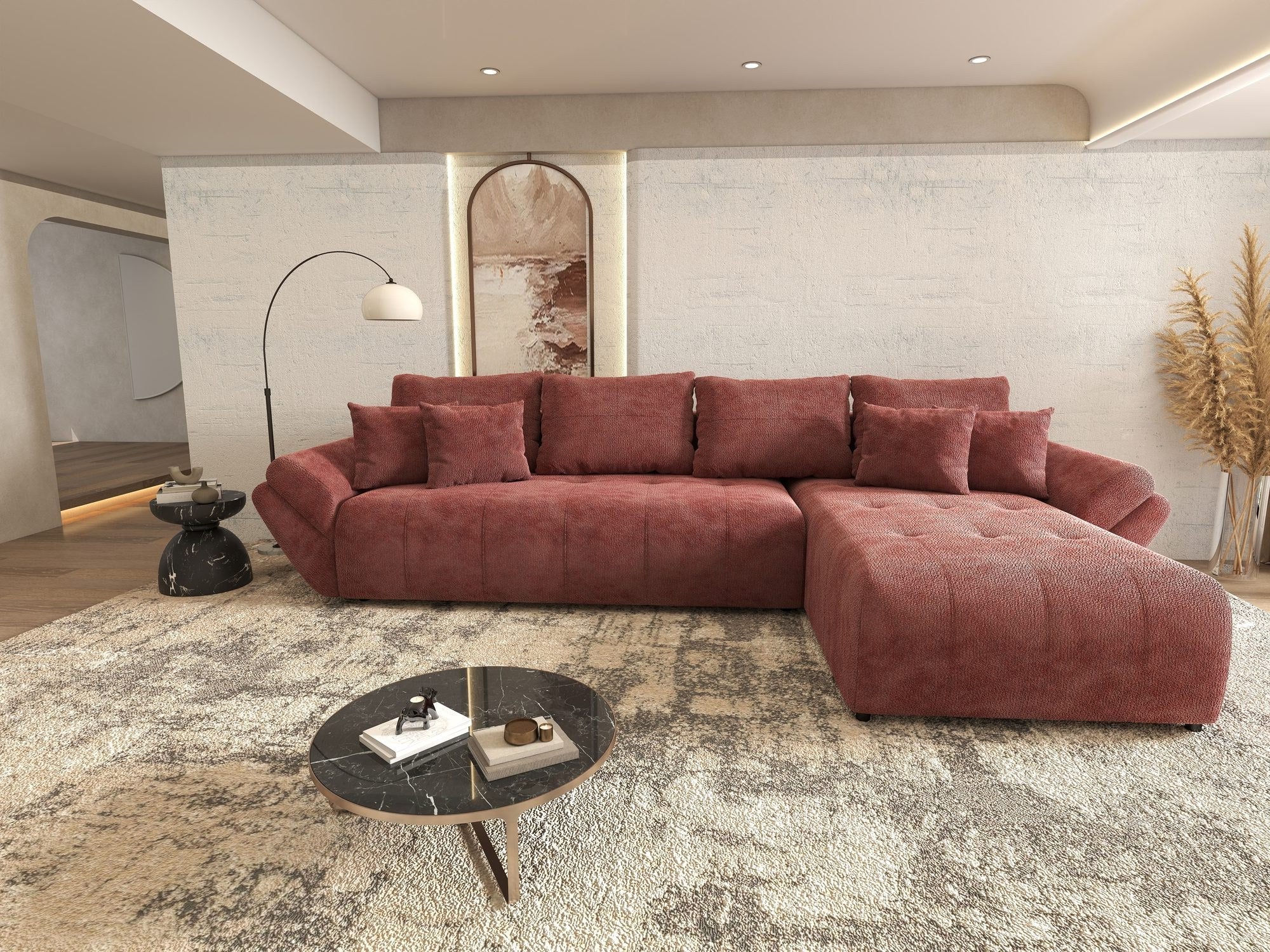Colțar extensibil dumonde cu ladă de depozitare si sezut confortabil din spuma high-density, Berlin XL Vibe Rosu 58 II 350x185 cm