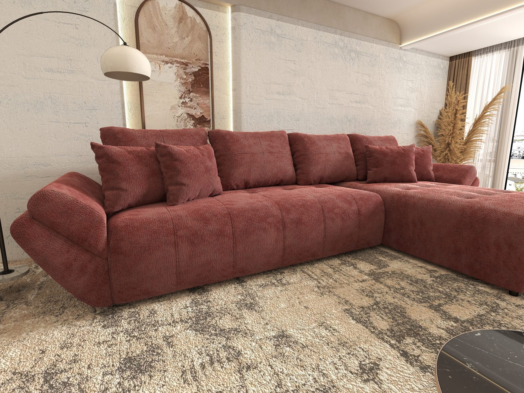 Colțar extensibil dumonde cu ladă de depozitare si sezut confortabil din spuma high-density, Berlin XL Vibe Rosu 58 II 350x185 cm