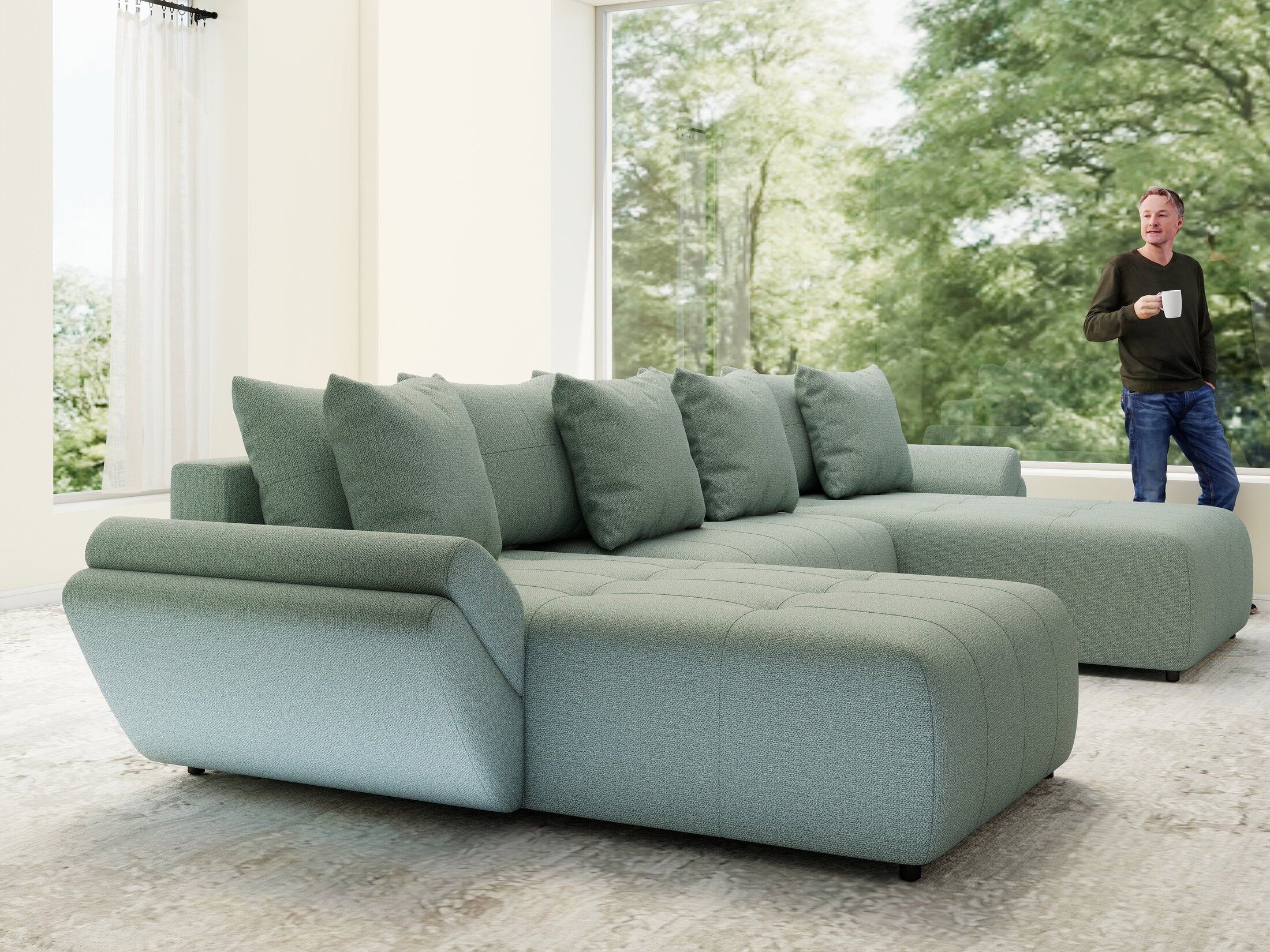 Colțar extensibil dumonde cu ladă de depozitare si sezut confortabil din spuma high-density, Berlin U Enjoy Mint 400x185 cm